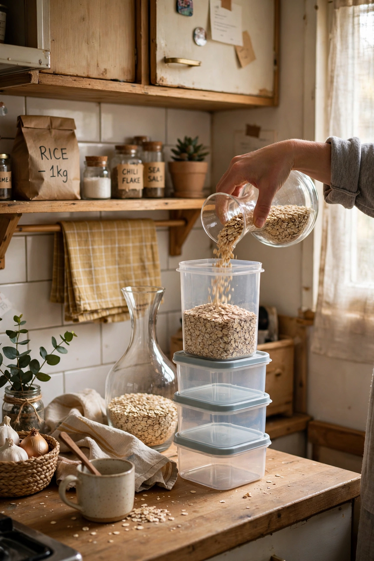 Decant Into Stackable Containers in a tiny kitchen