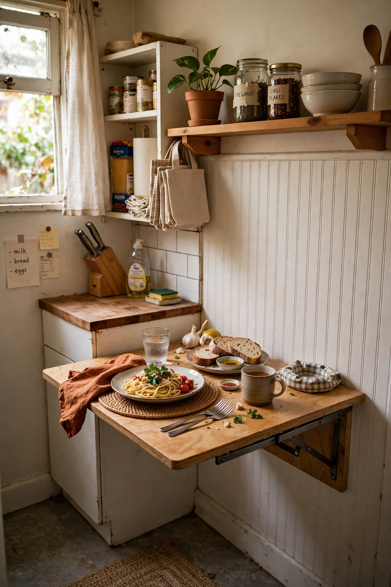 Fold Down a Wall Table for Meals in a tiny kitchen