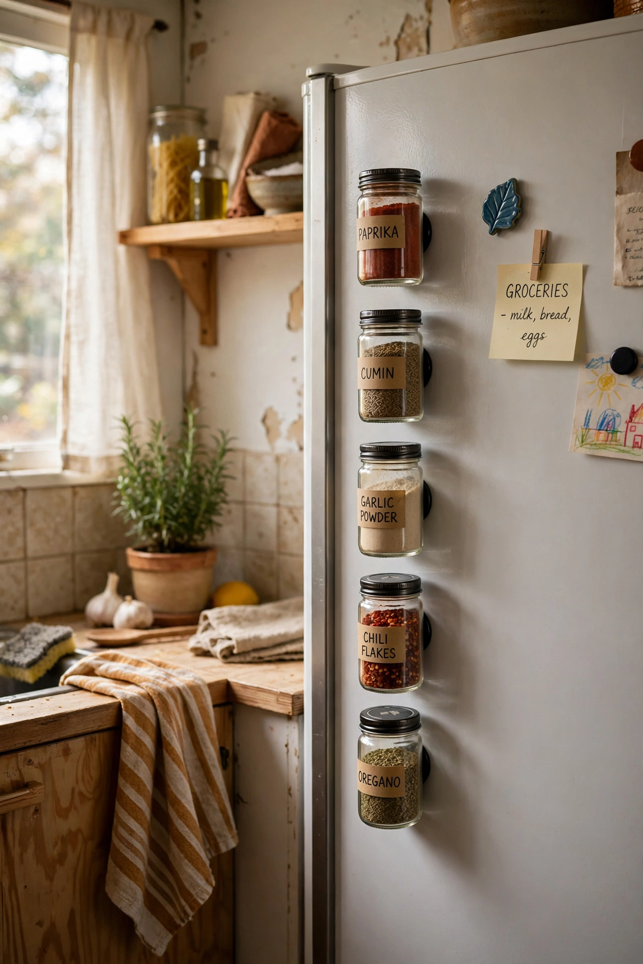 Use Magnetic Spice Jars on the Fridge in a tiny kitchen