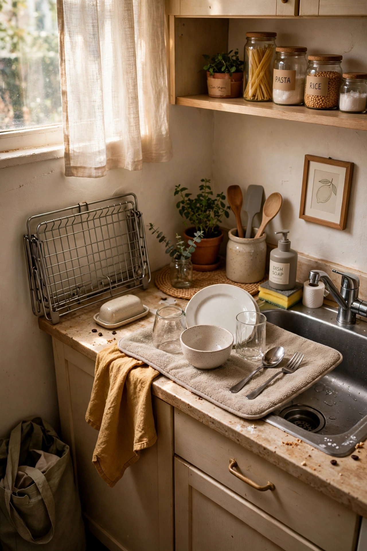 Swap a Dish Rack for a Drying Mat in a tiny kitchen