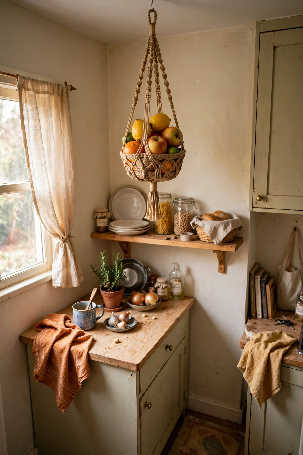 Hang a Fruit Basket From the Ceiling in a tiny kitchen