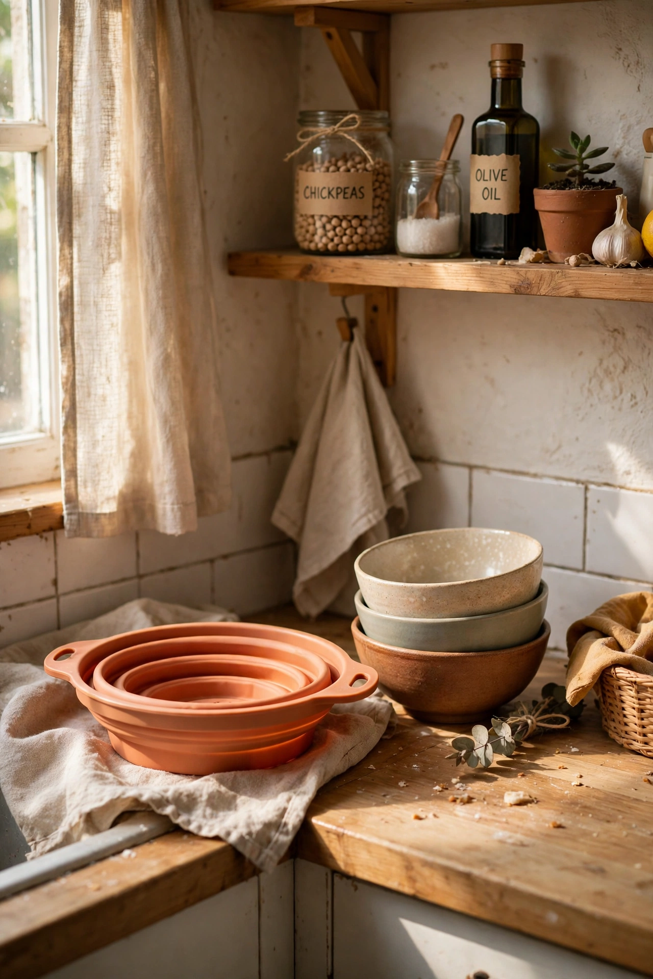 Keep a Collapsible Colander and Bowls in a tiny kitchen