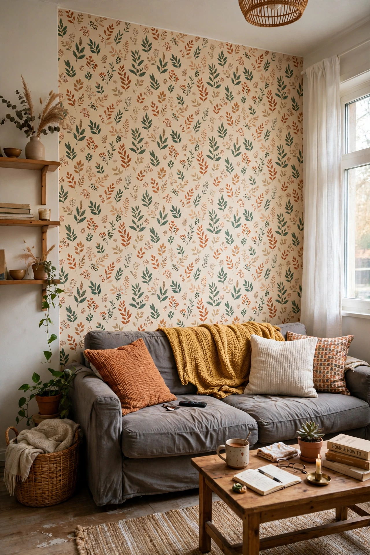 Cover One Wall in Peel-and-Stick Wallpaper in a small apartment living room