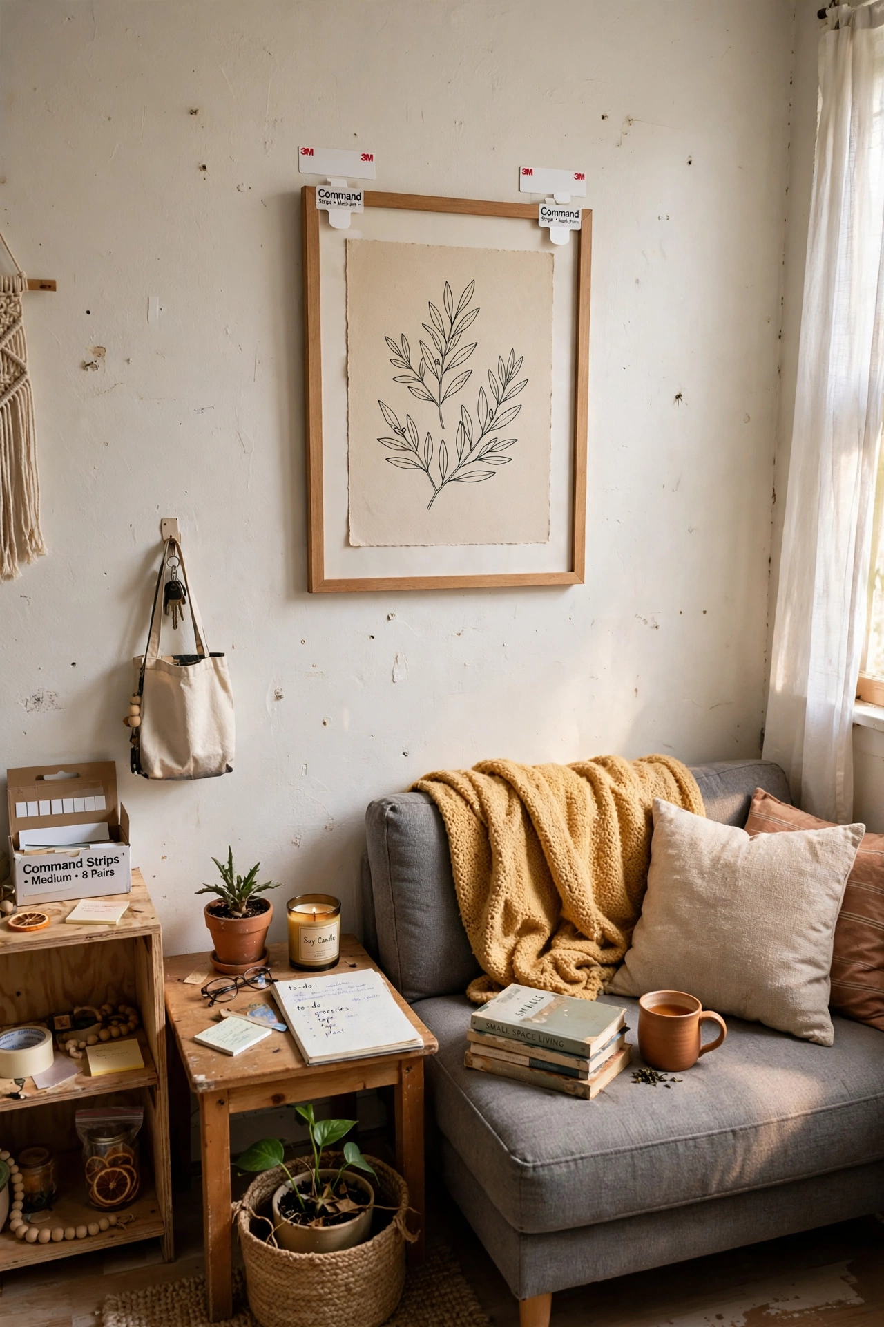 Hang Art With Command Strips in a small apartment living room