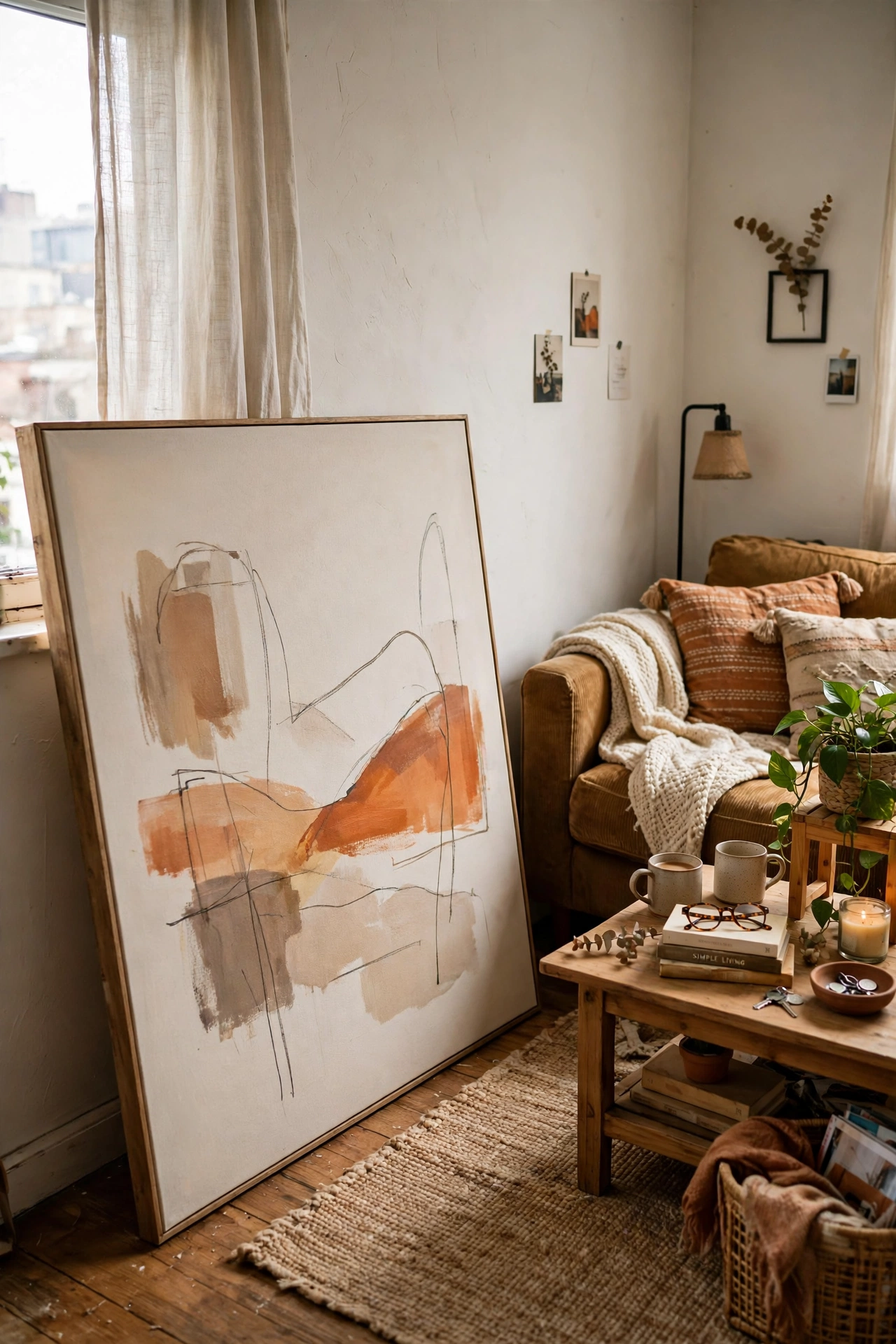 Lean Big Art Against the Wall in a small apartment living room