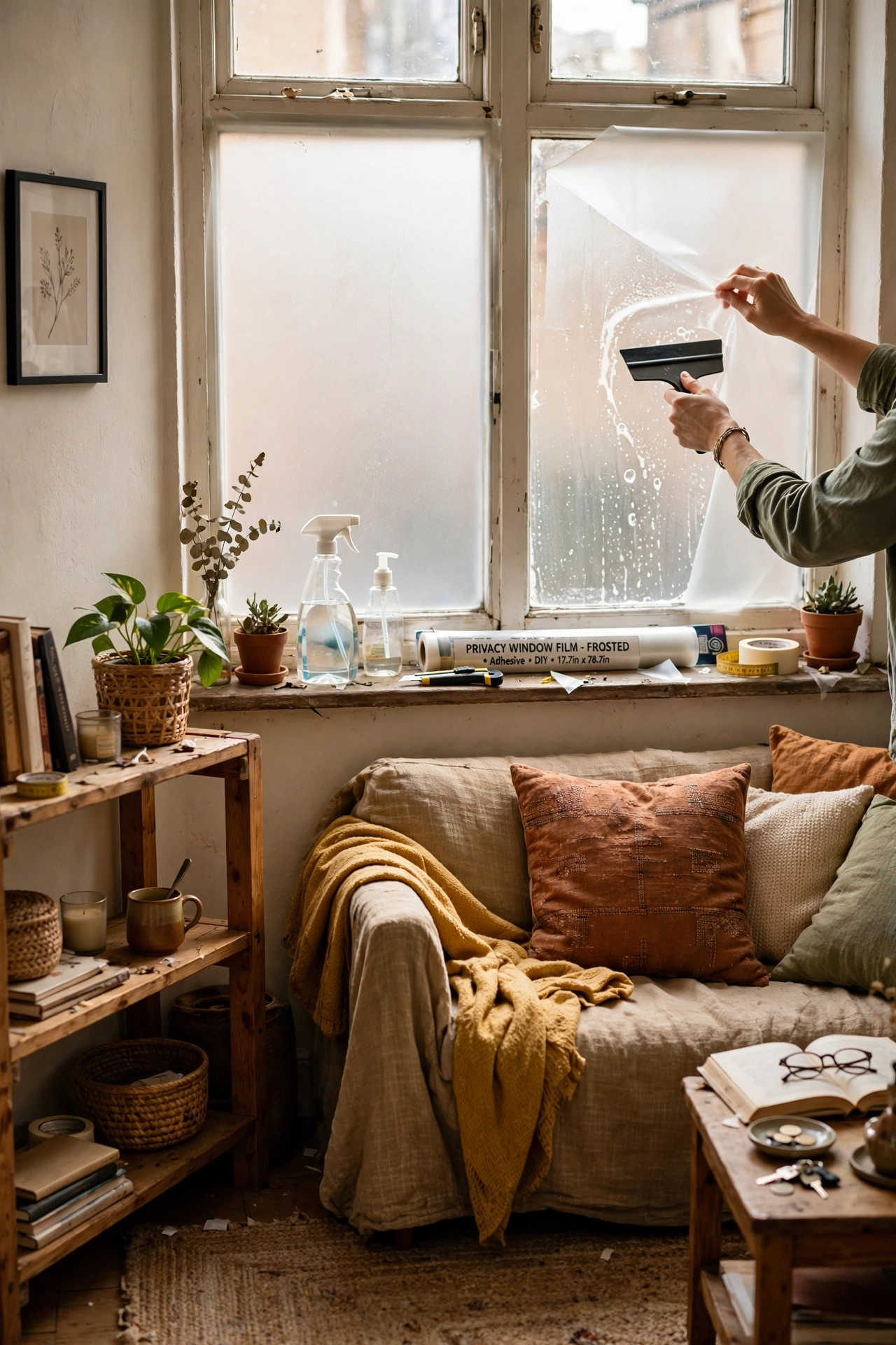 Apply Window Film for Privacy and Style in a small apartment living room