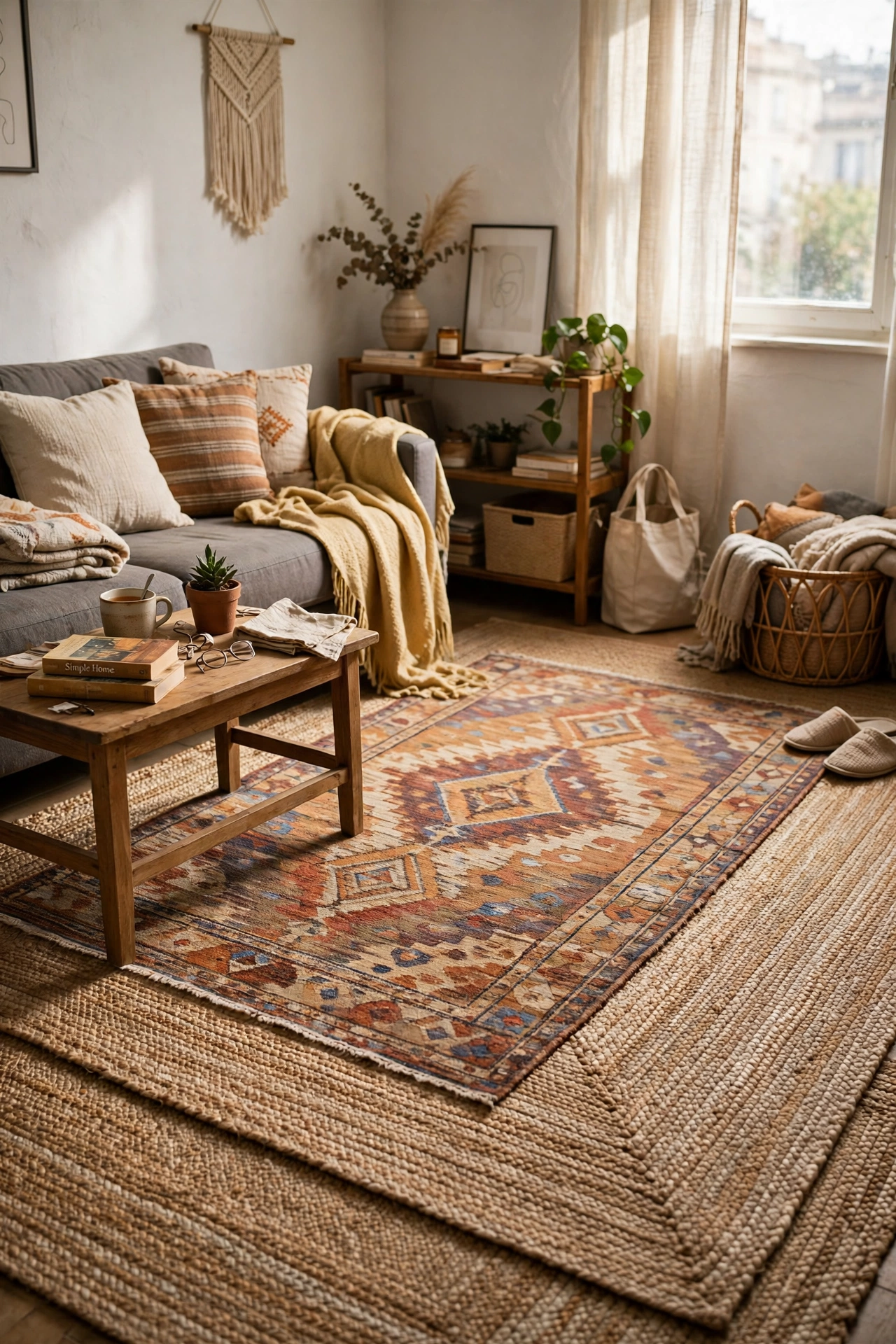 Layer a Big Area Rug in a small apartment living room