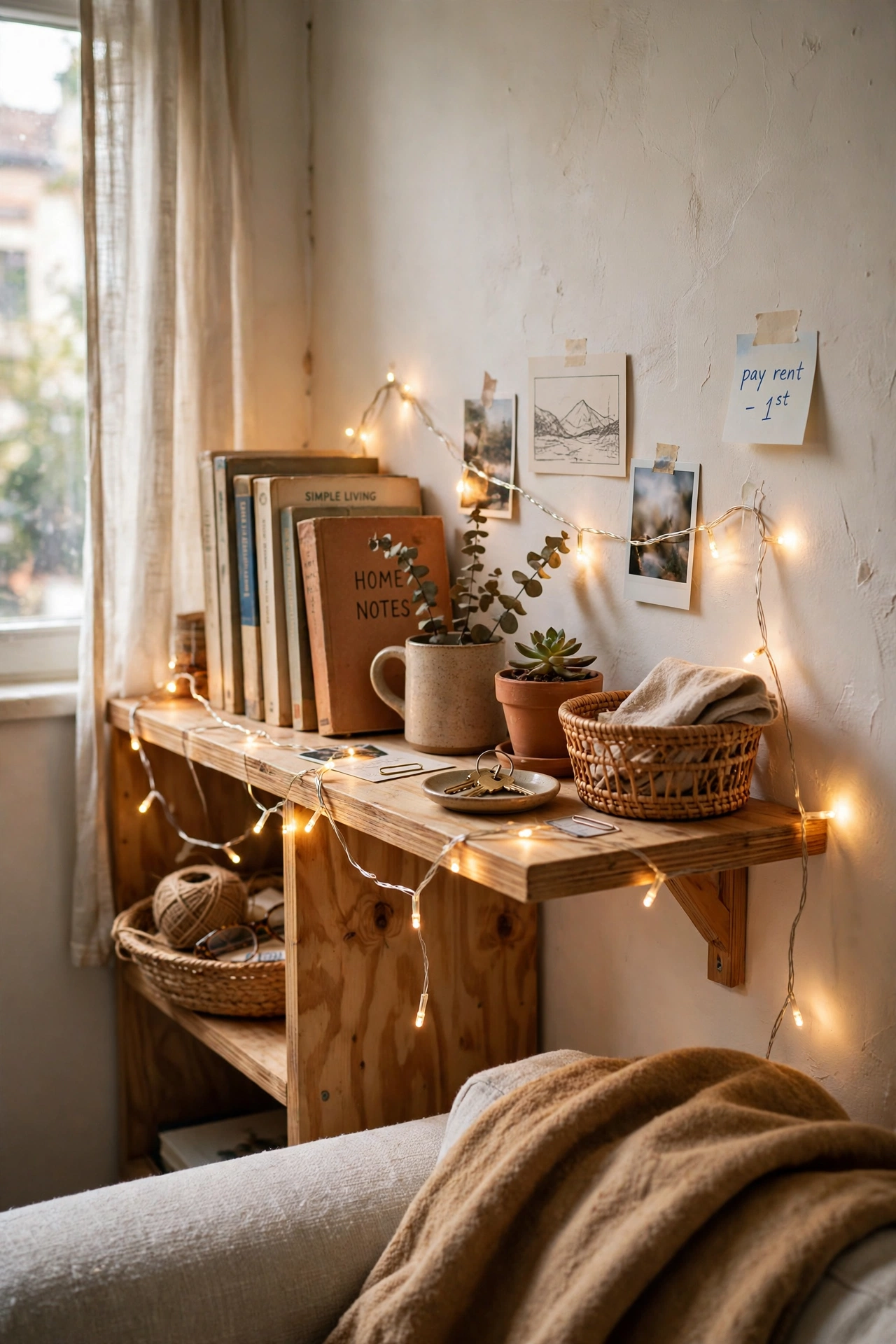 String Fairy Lights Along a Shelf in a small apartment living room