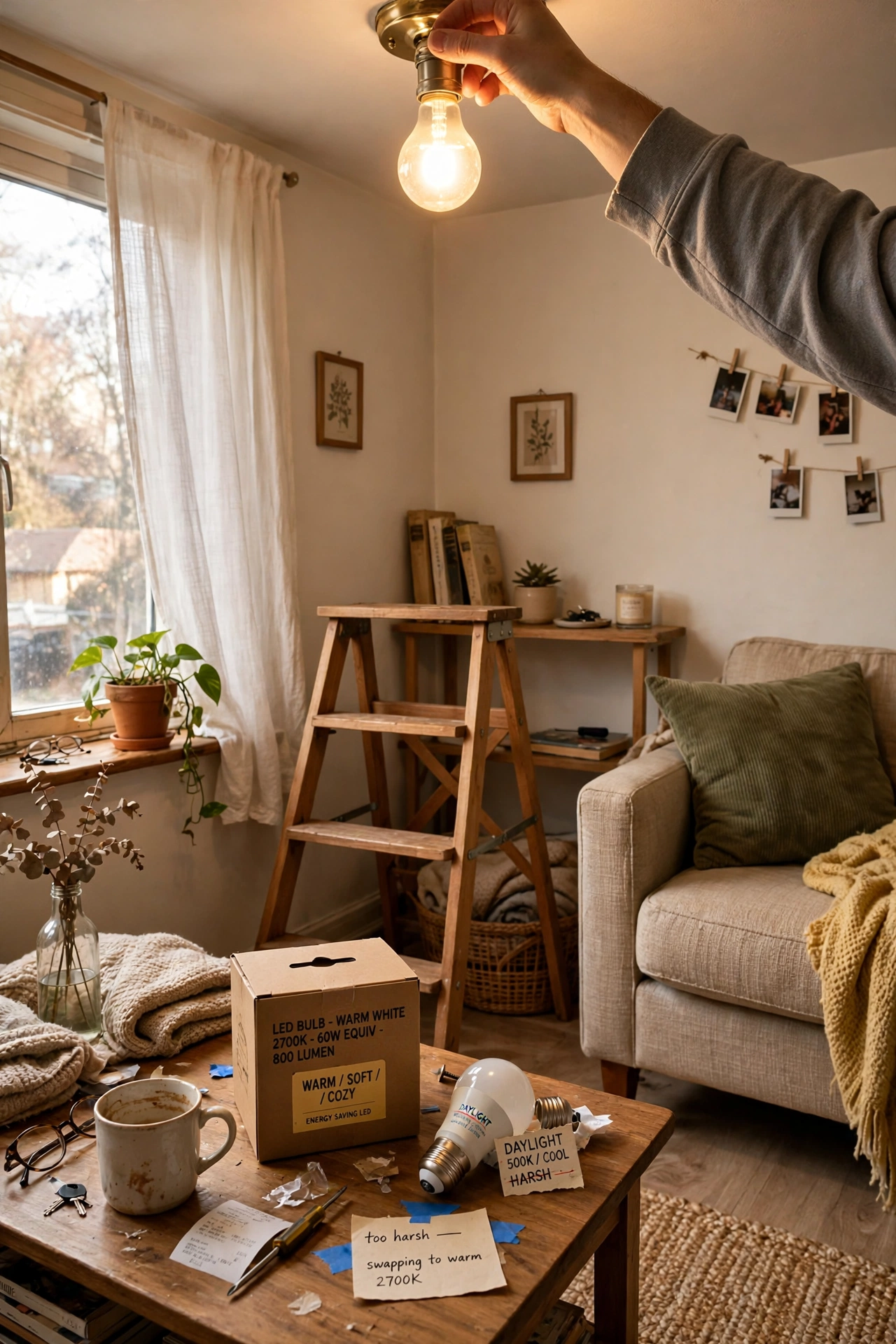 Swap Harsh Bulbs for Warm Ones in a small apartment living room
