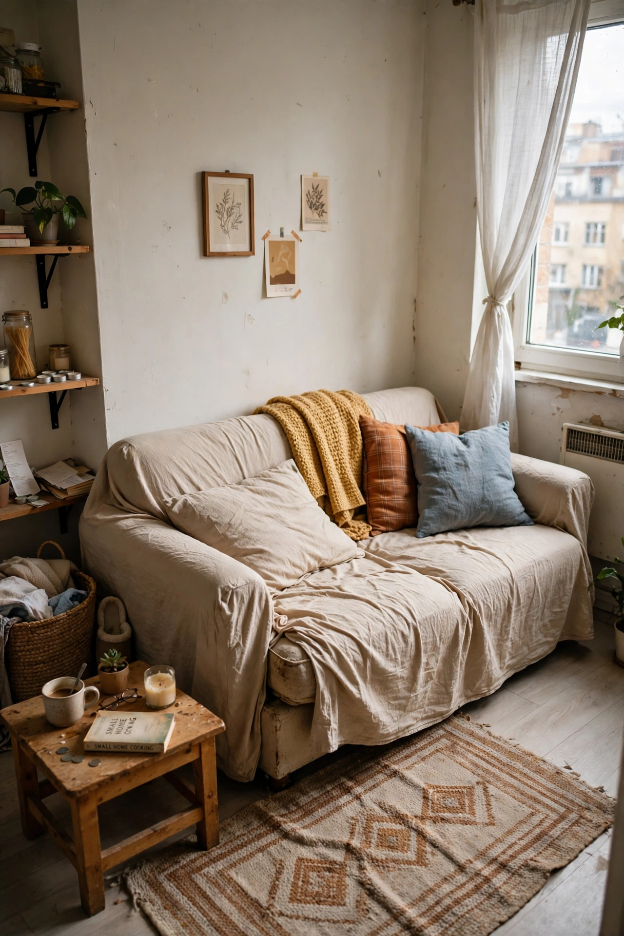Slipcover a Tired Sofa in a small apartment living room