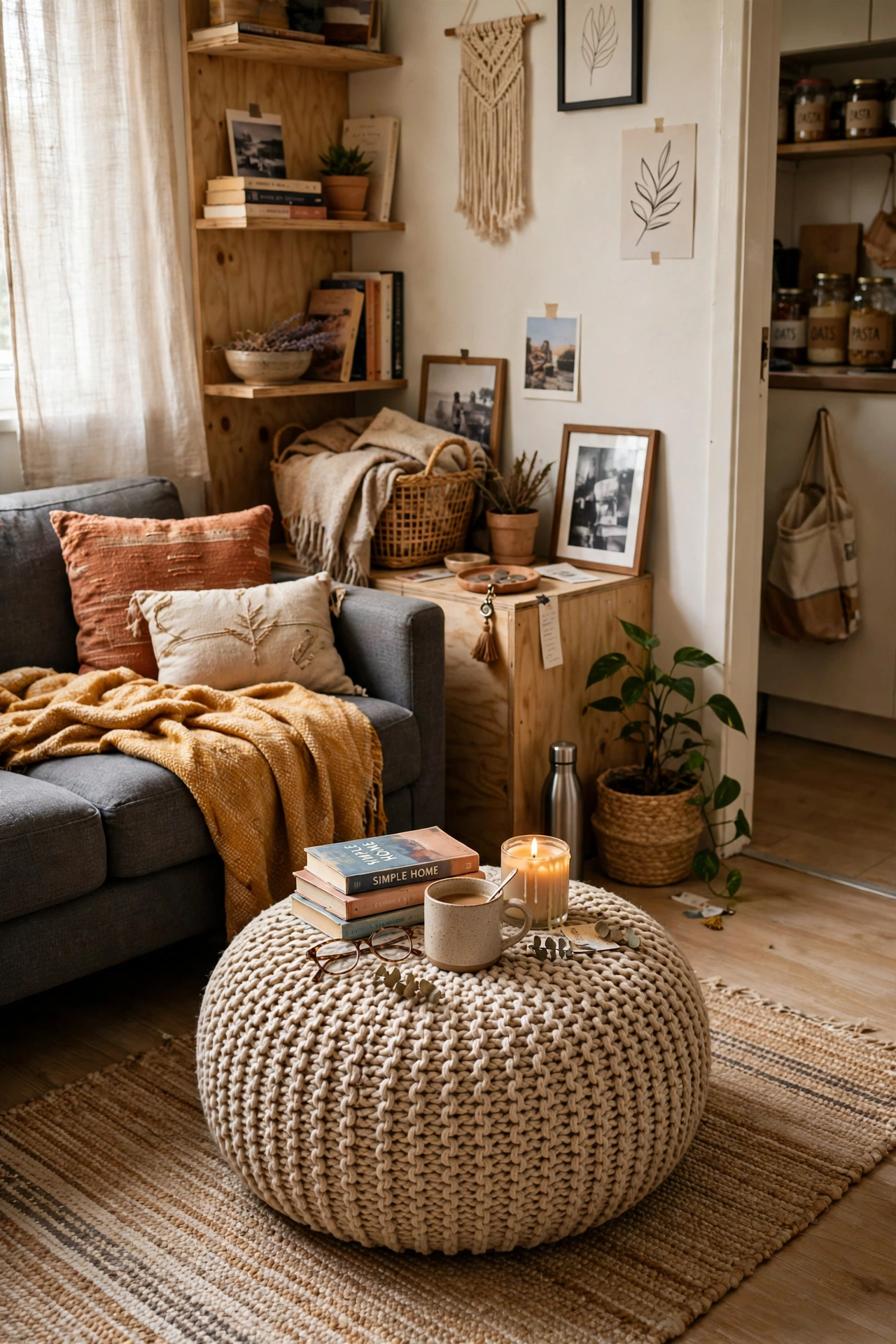 Use a Pouf Instead of a Coffee Table in a small apartment living room