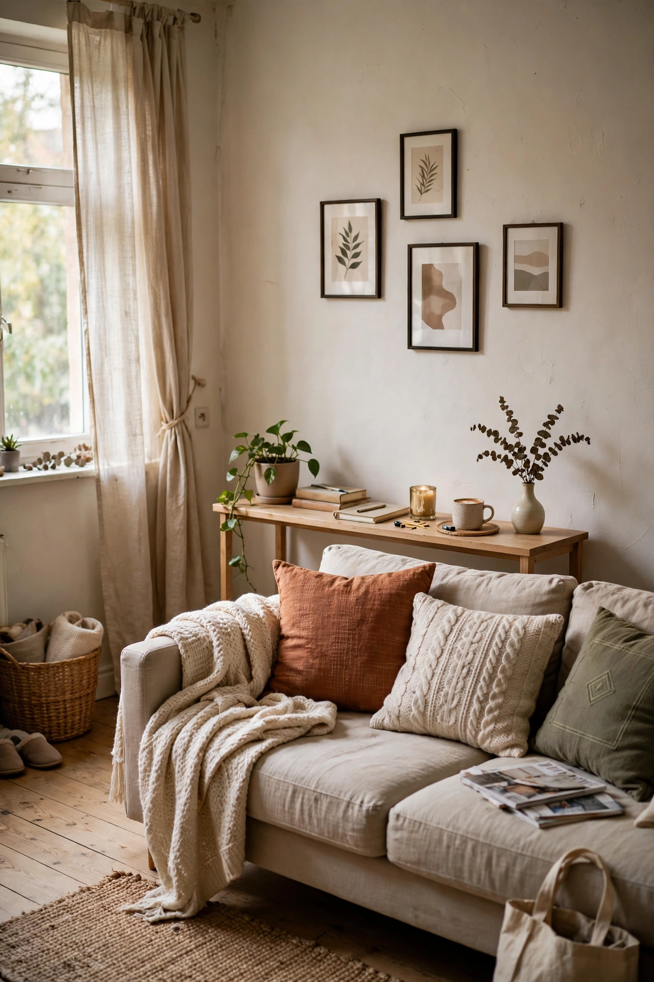 Float a Slim Console Behind the Sofa in a small apartment living room