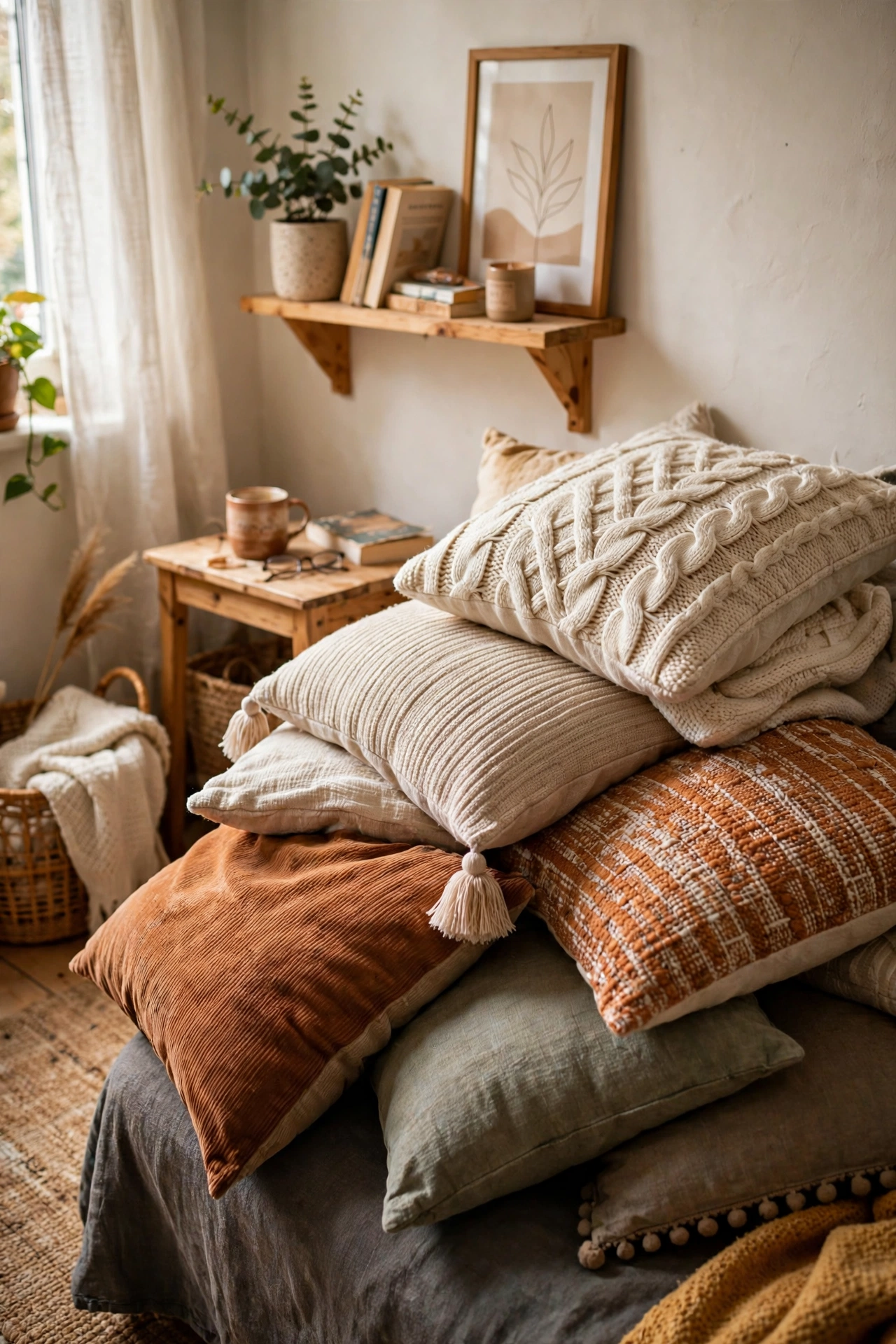 Pile on Throw Pillows With Texture in a small apartment living room