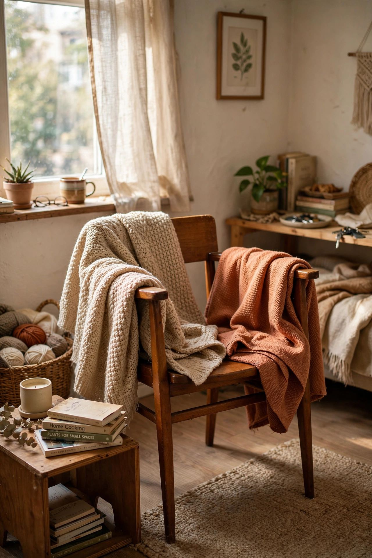 Drape Cozy Throws Over Chair Arms in a small apartment living room