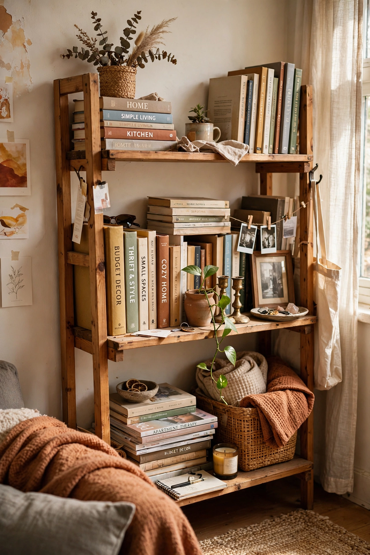 Style Bookshelves With Books and Objects in a small apartment living room