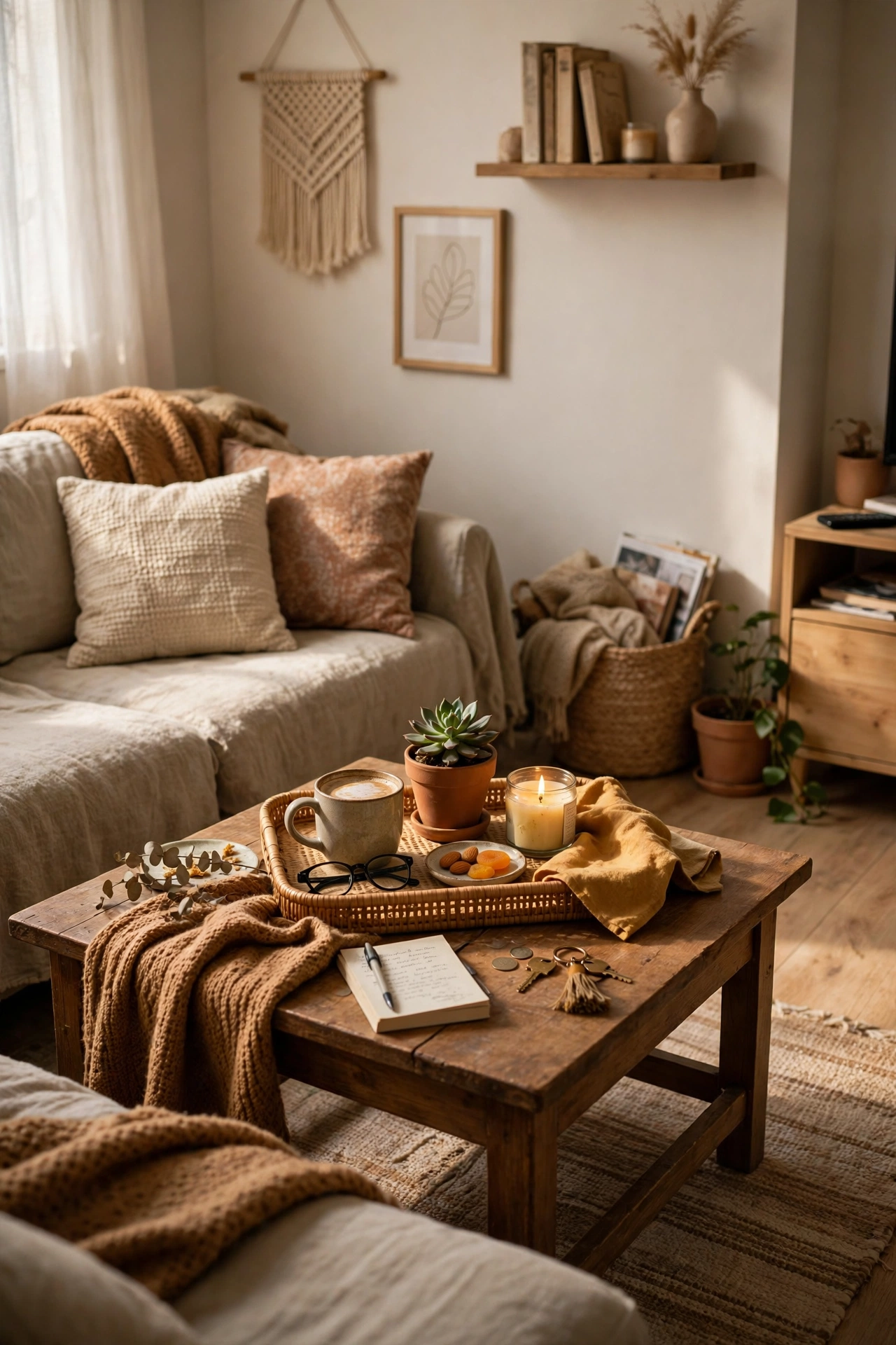 Set a Tray on the Coffee Table in a small apartment living room