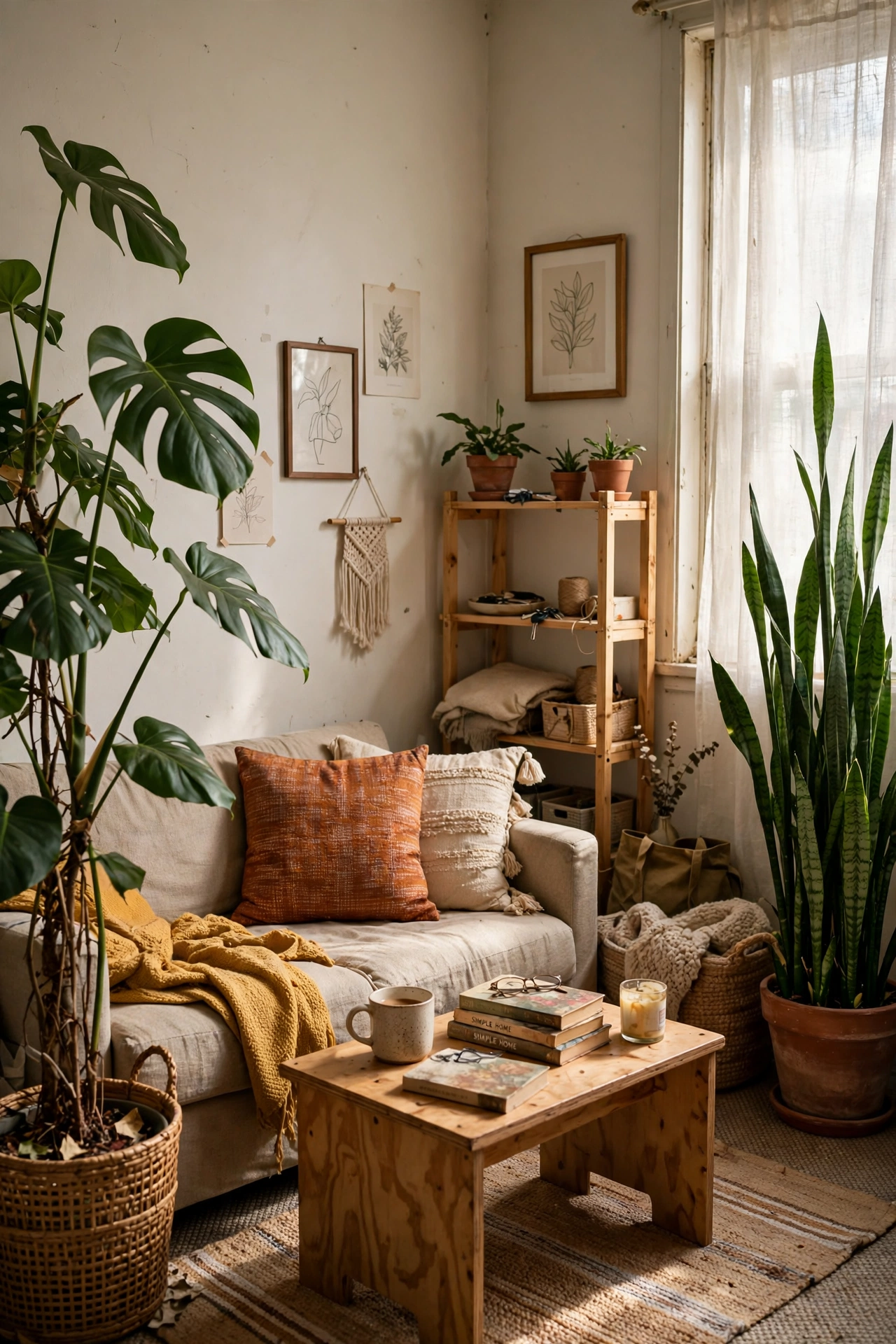 Fill Corners With Tall Plants in a small apartment living room