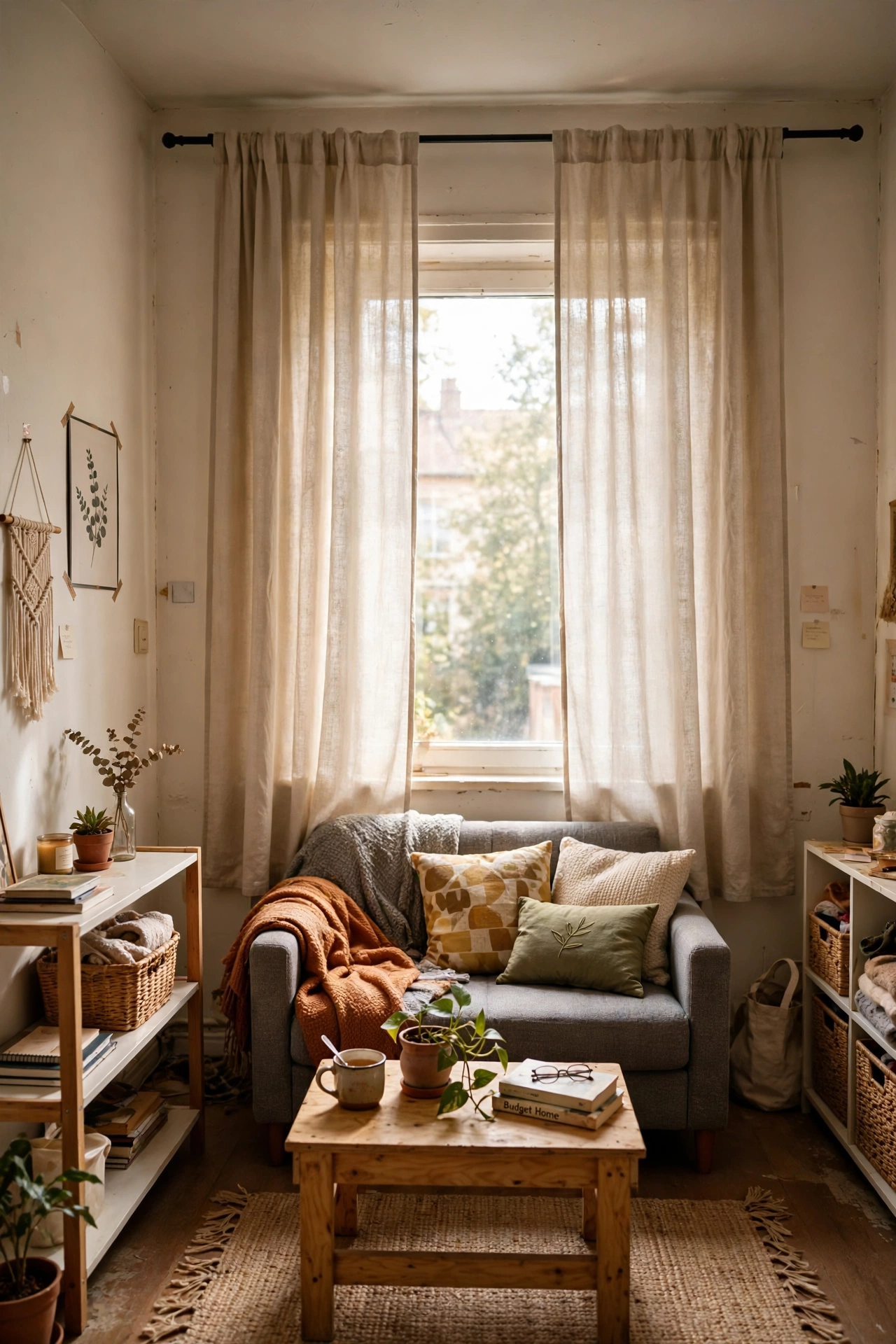 Hang Curtains High and Wide in a small apartment living room