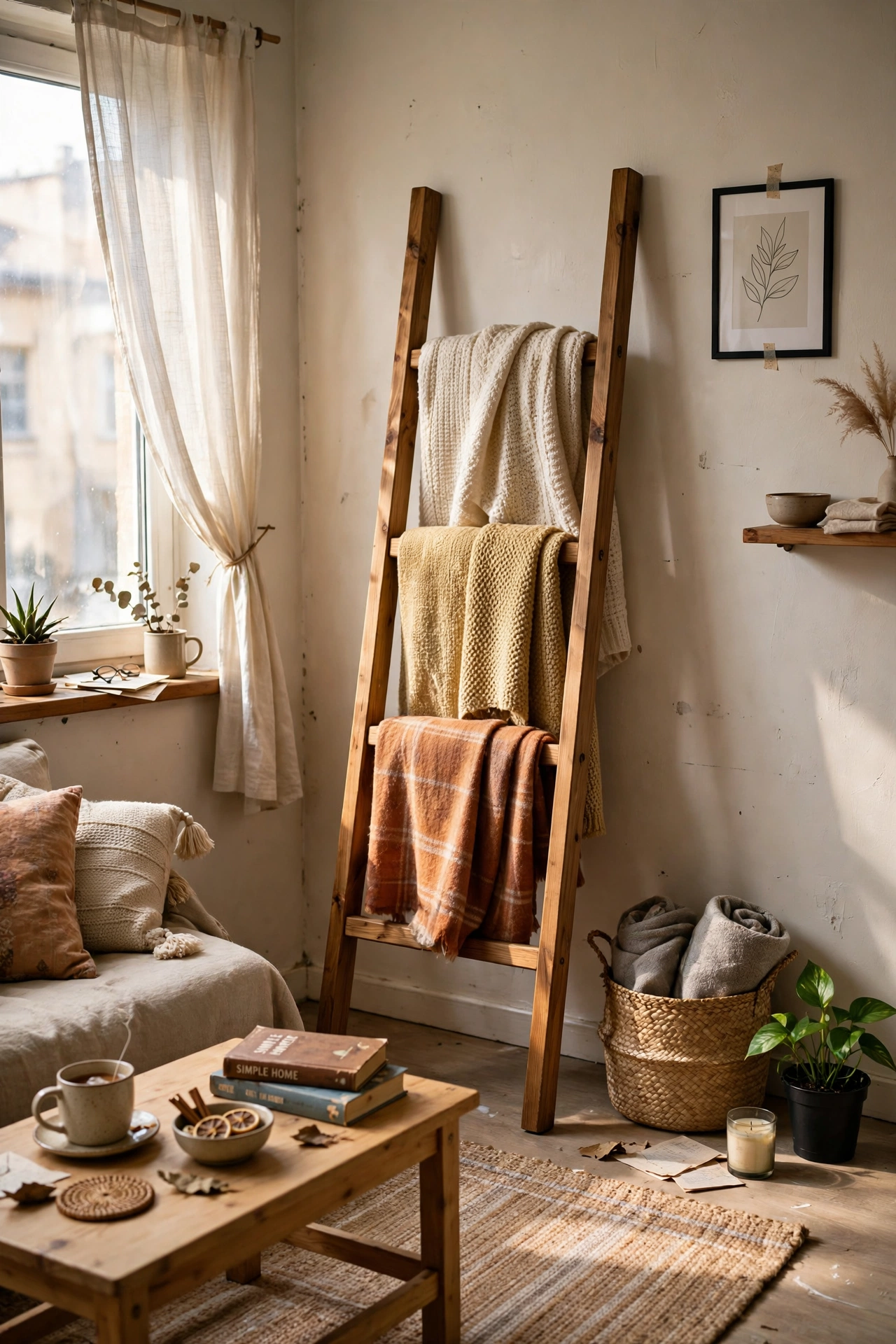 Lay a Blanket Ladder Against the Wall in a small apartment living room