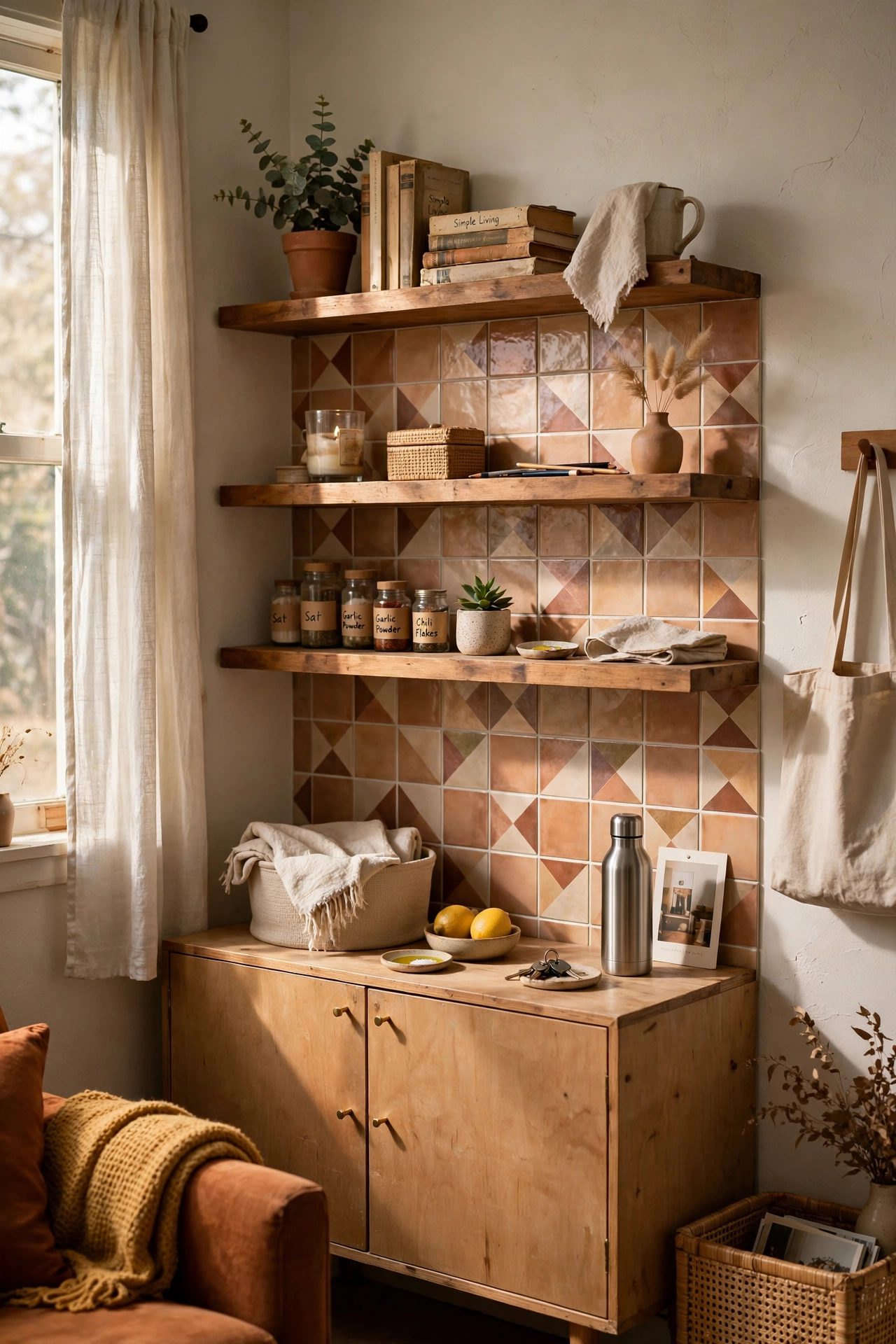 Add Removable Backsplash Tiles Behind Shelves in a small apartment living room