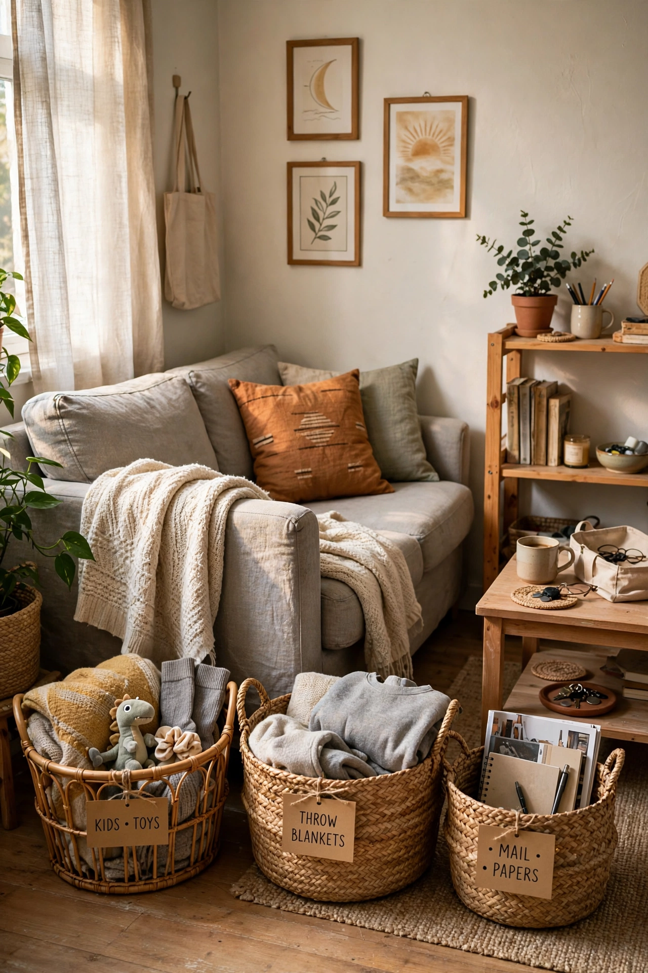 Place Baskets for Quick Tidy-Ups in a small apartment living room