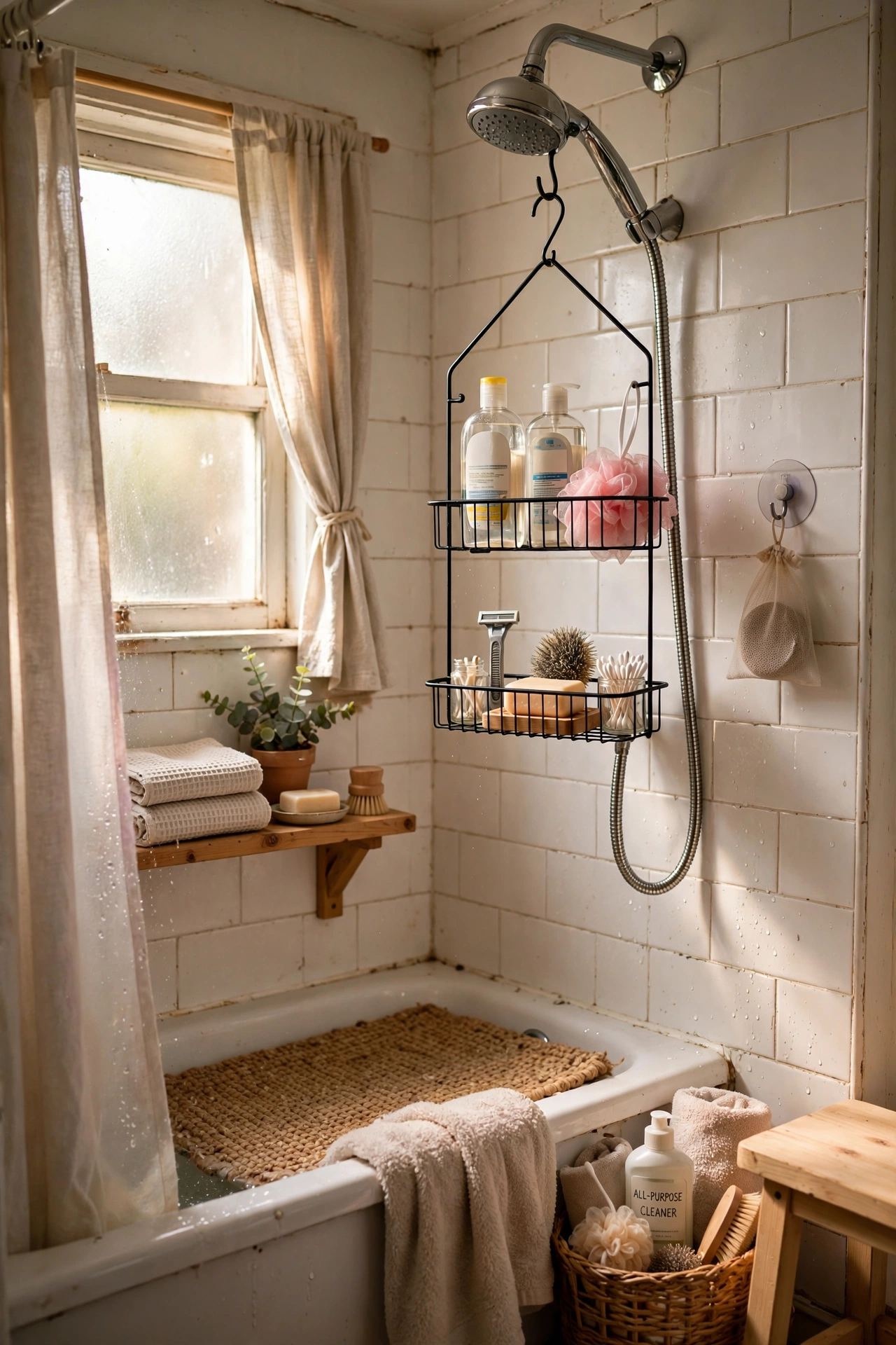 Hang a Shower Caddy From the Showerhead in a tiny bathroom