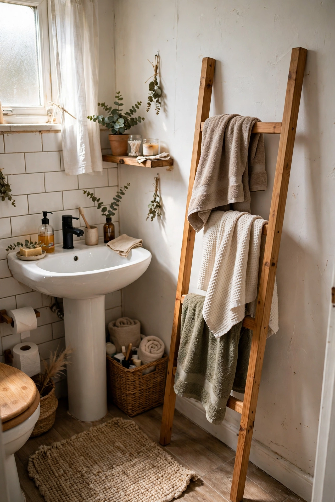 Lean a Towel Ladder Against the Wall in a tiny bathroom