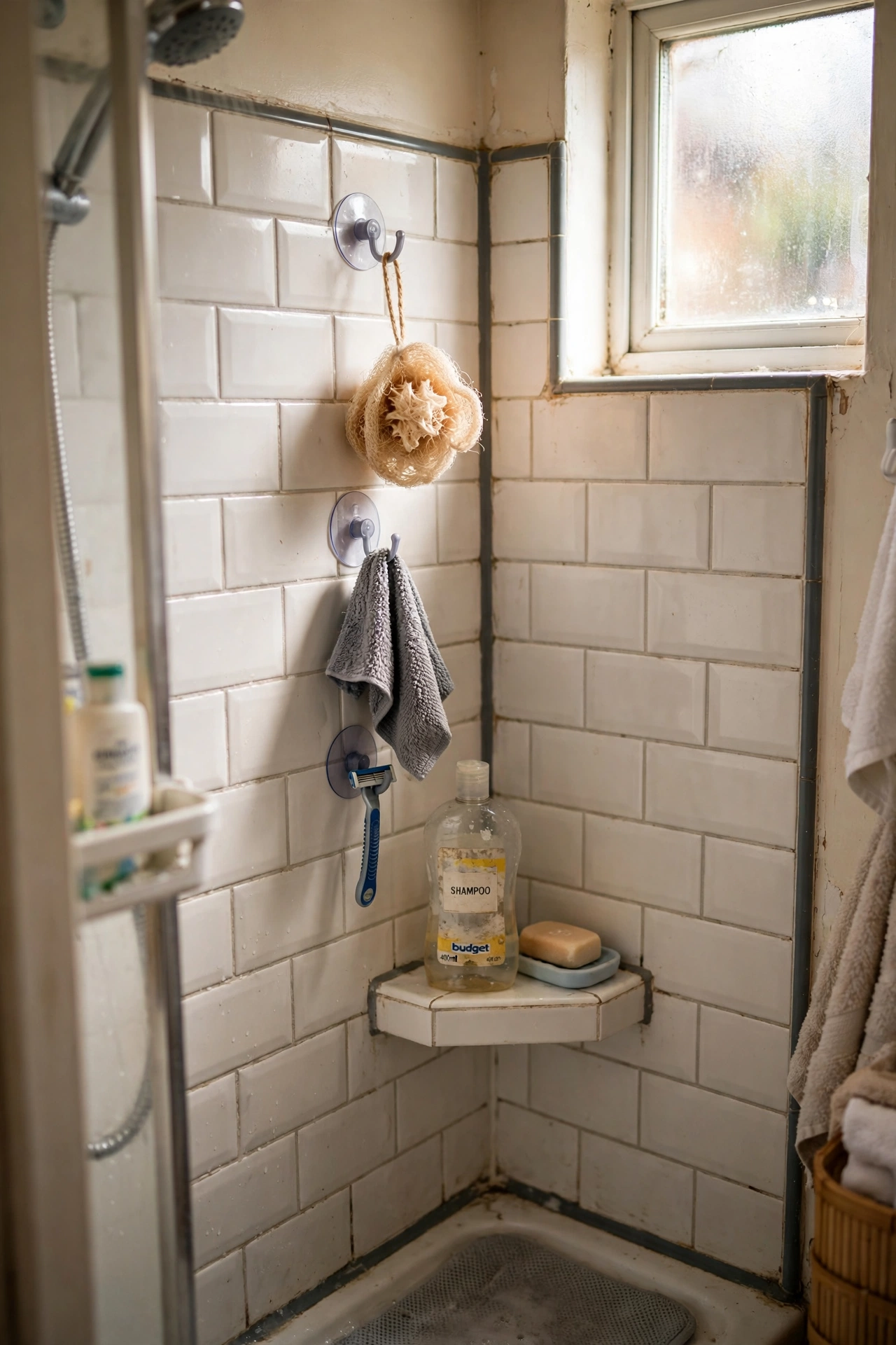 Stick Suction Hooks Inside the Shower in a tiny bathroom