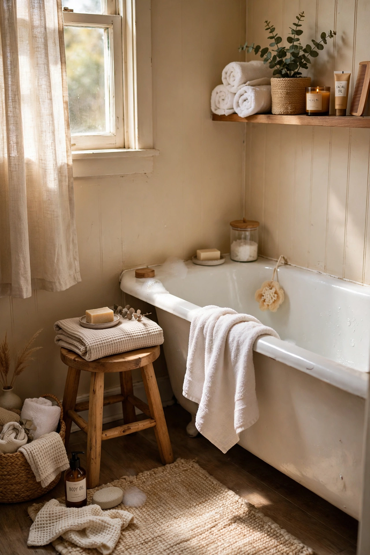 Tuck a Small Stool Beside the Tub in a tiny bathroom