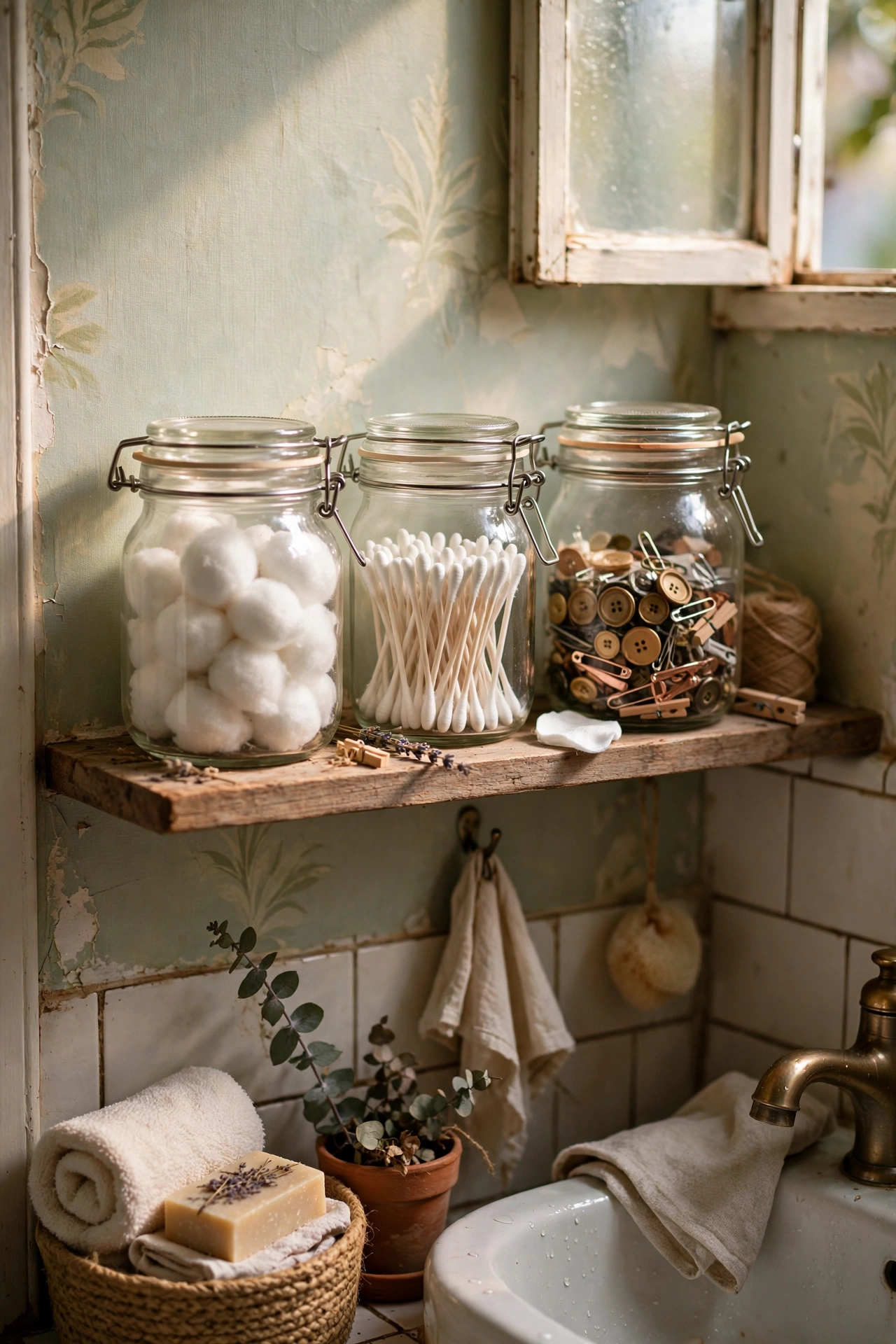 Store Cotton and Bits in Clear Jars in a tiny bathroom