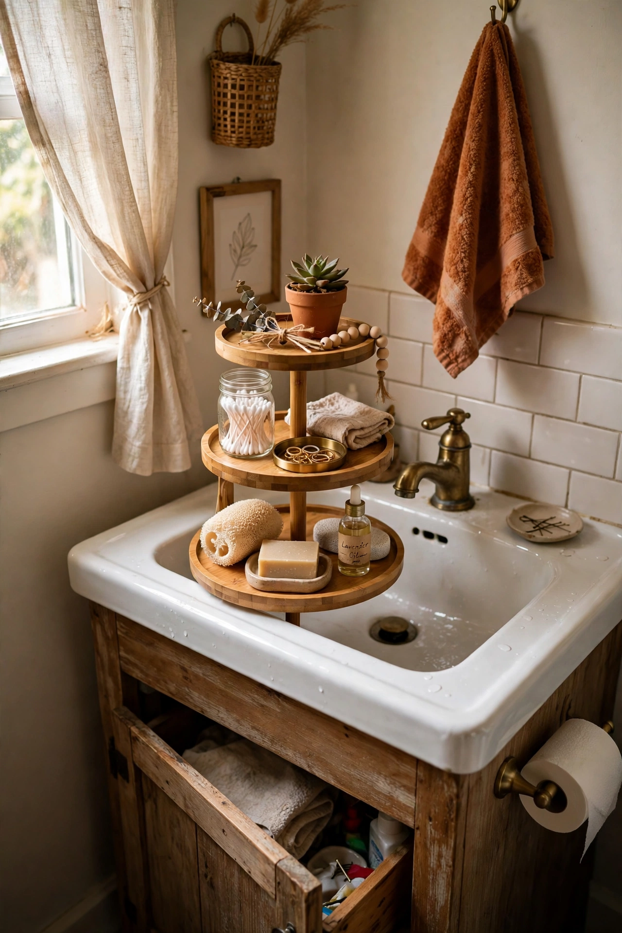 Style a Tiered Tray on the Sink in a tiny bathroom