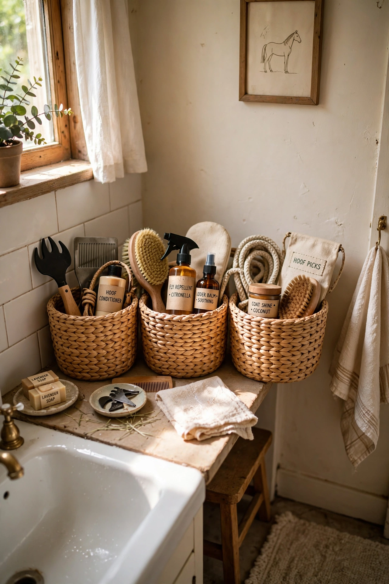 Corral Supplies in Matching Baskets in a tiny bathroom