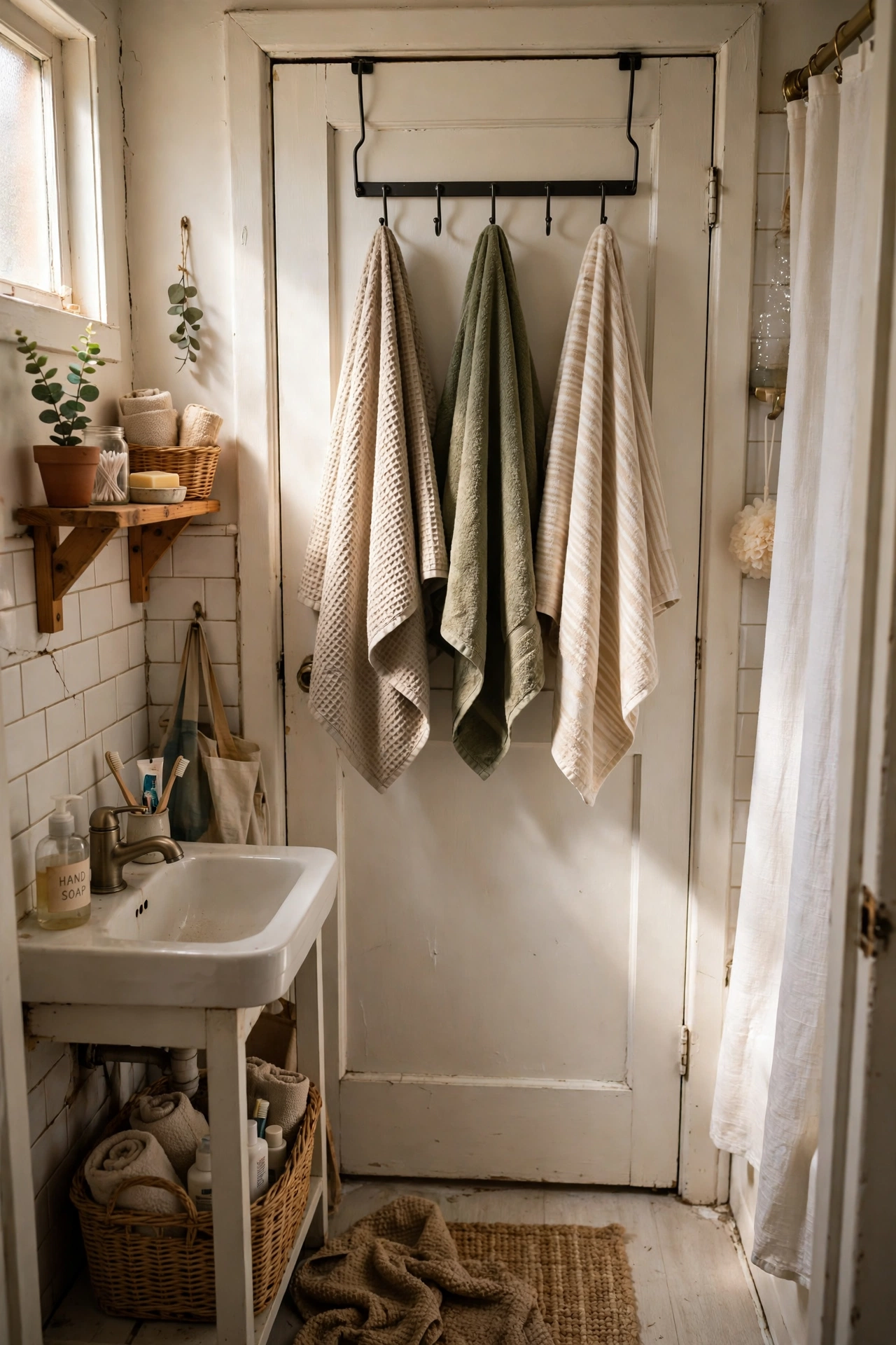 Hang an Over-Door Rack for Towels in a tiny bathroom
