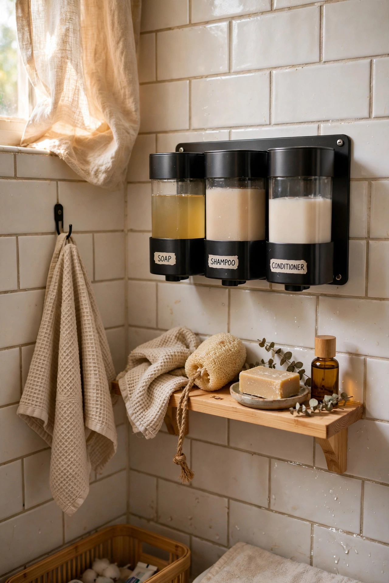 Mount a Wall Dispenser for Soap and Shampoo in a tiny bathroom