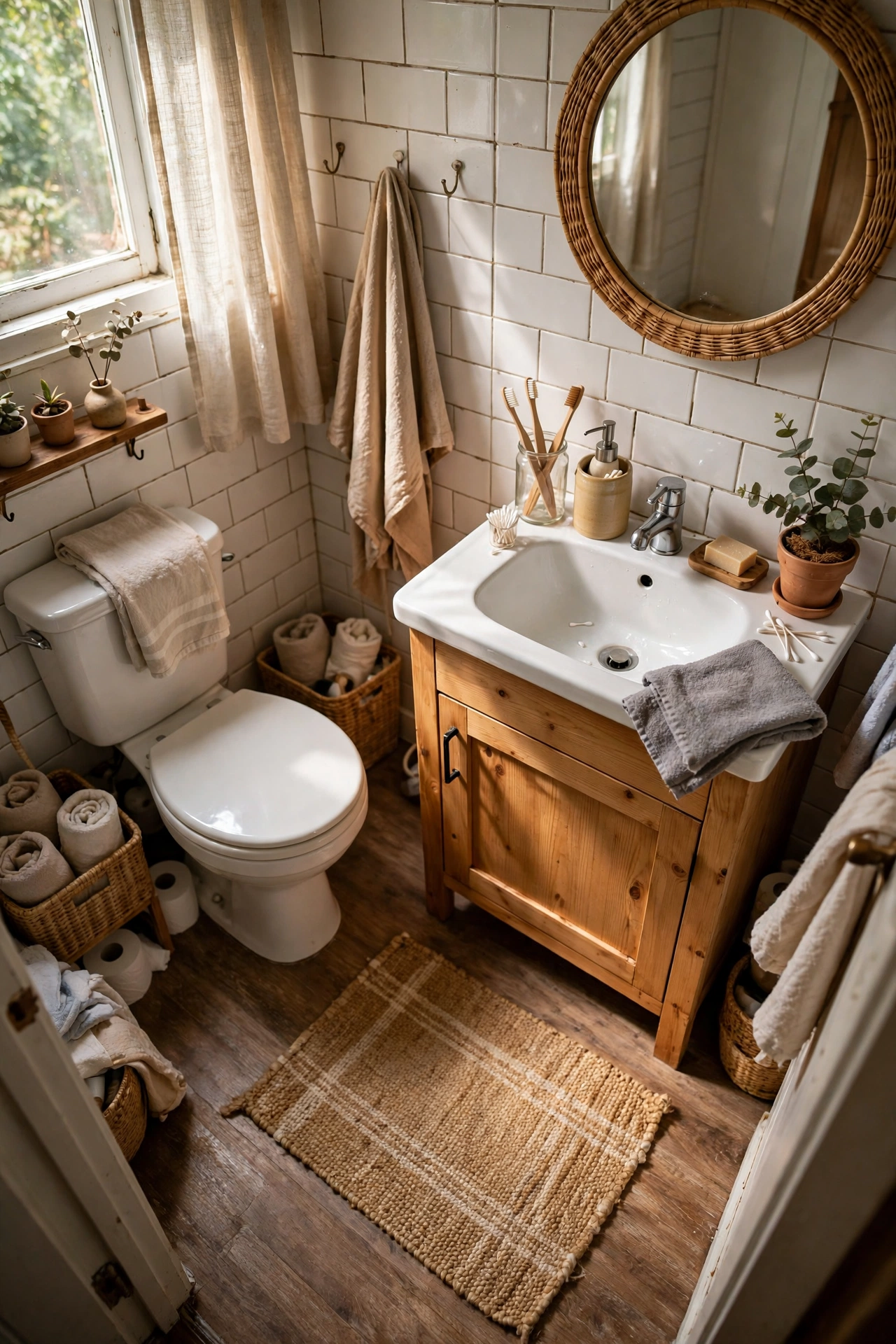 Lay a Small Rug That Fits the Floor in a tiny bathroom