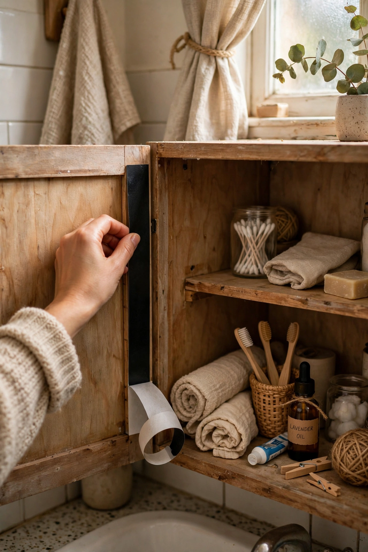 Stick a Magnetic Strip Inside the Cabinet in a tiny bathroom