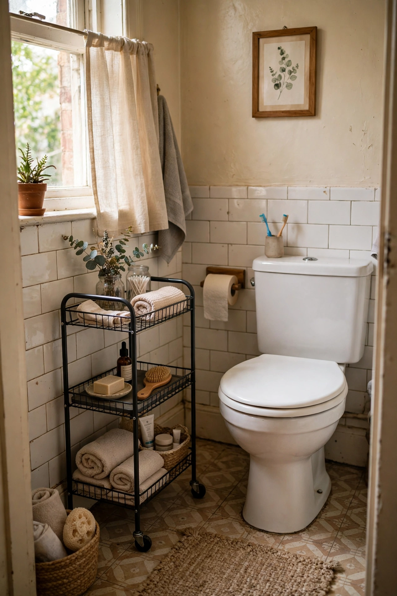 Roll a Slim Cart Beside the Toilet in a tiny bathroom