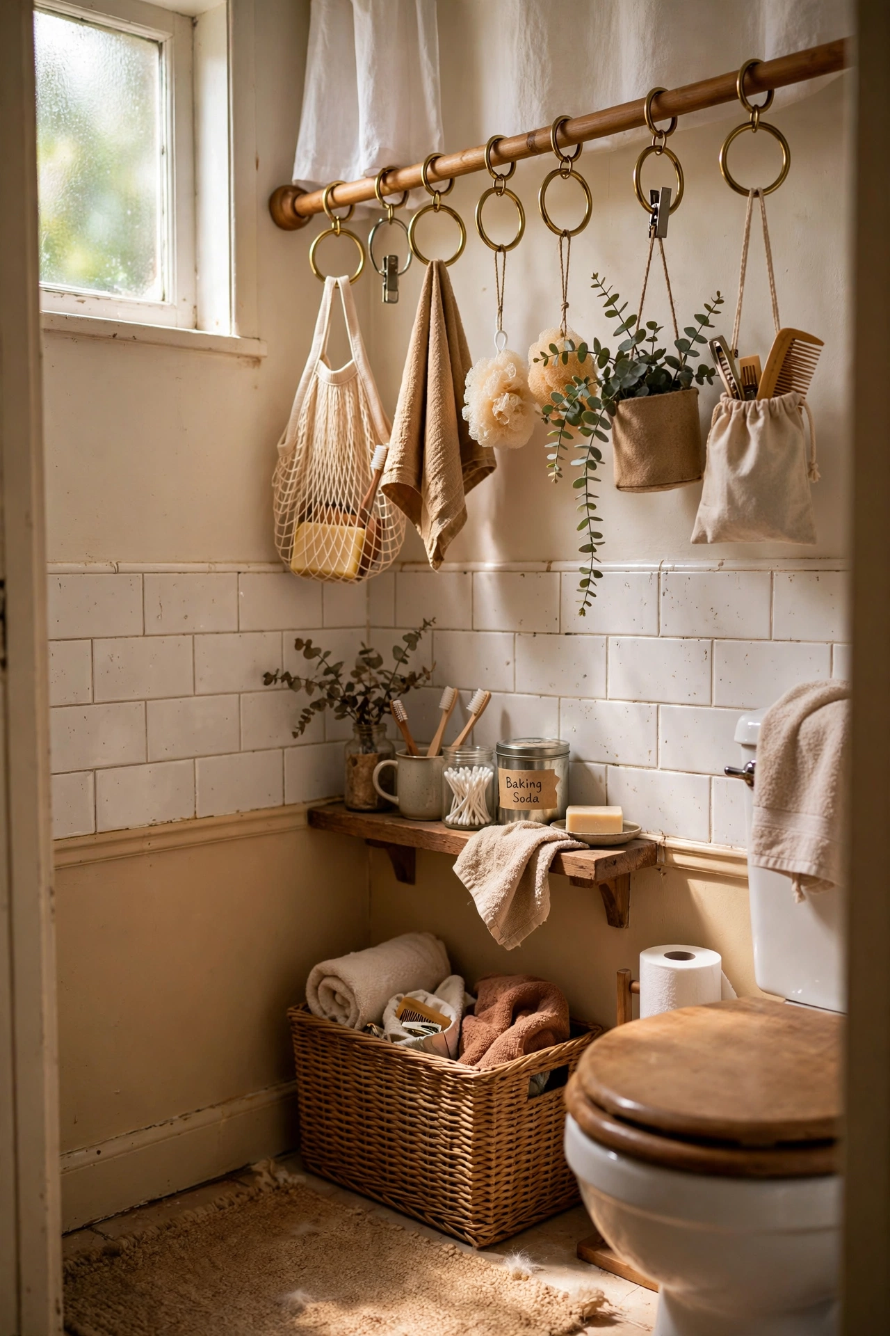 Use Curtain Rings for Extra Hanging in a tiny bathroom