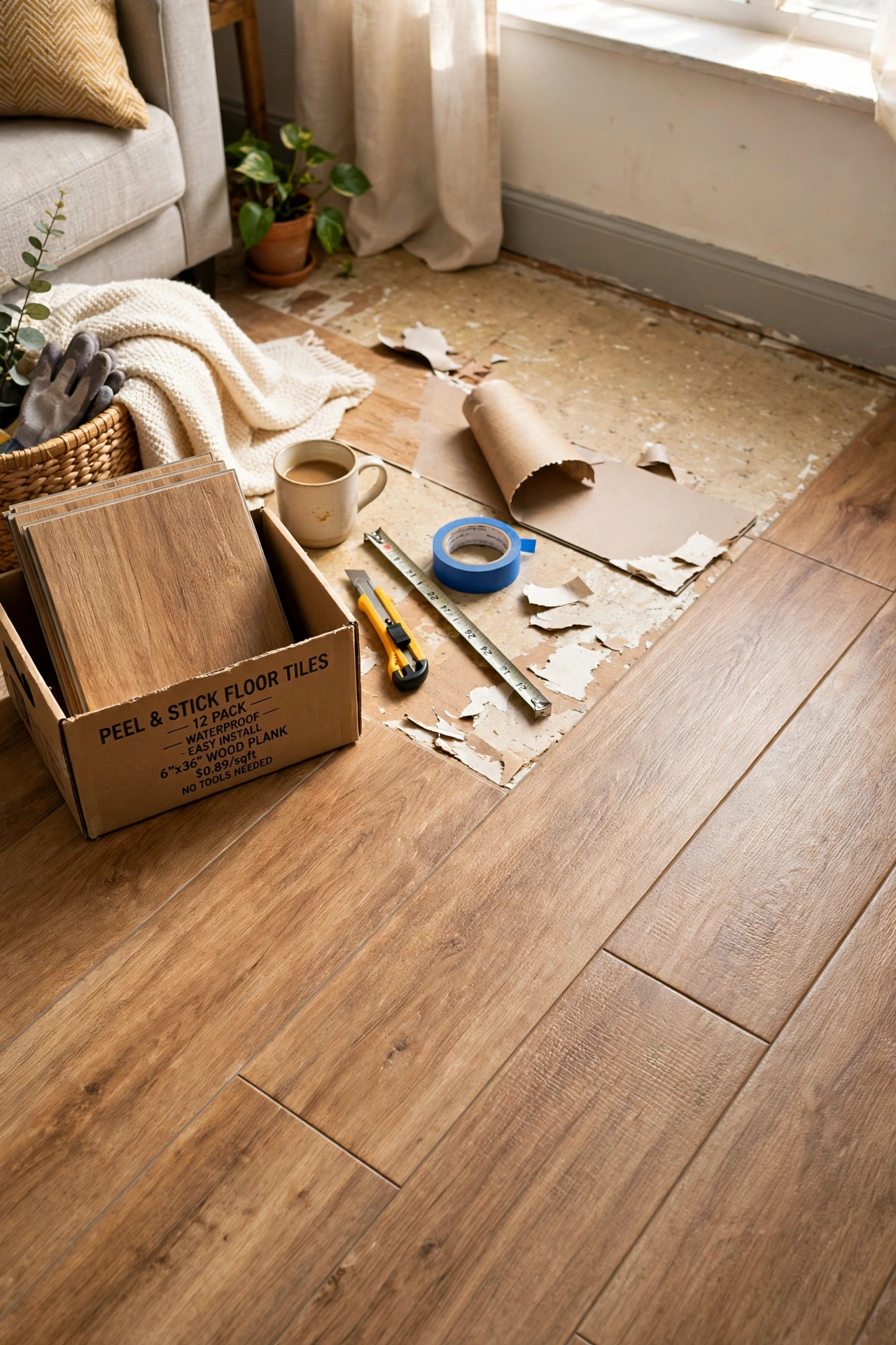 Lay Peel-and-Stick Floor Tiles in a rental apartment