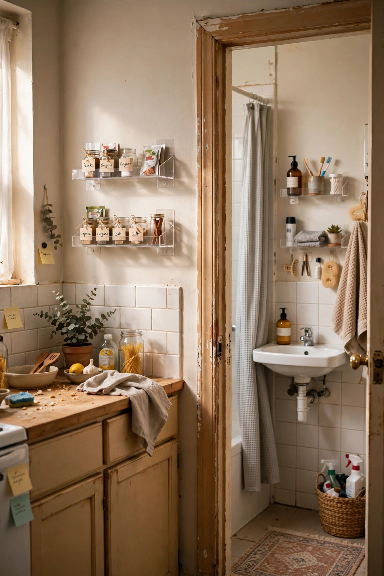 Stick Adhesive Shelves in the Bathroom and Kitchen in a rental apartment