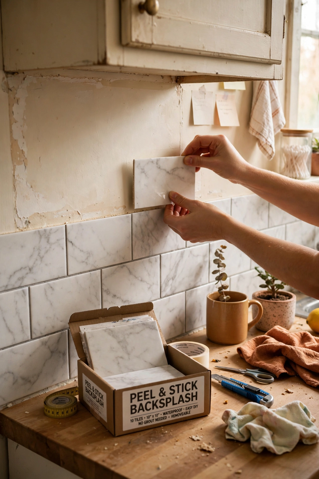 Apply Peel-and-Stick Backsplash Tiles in a rental apartment