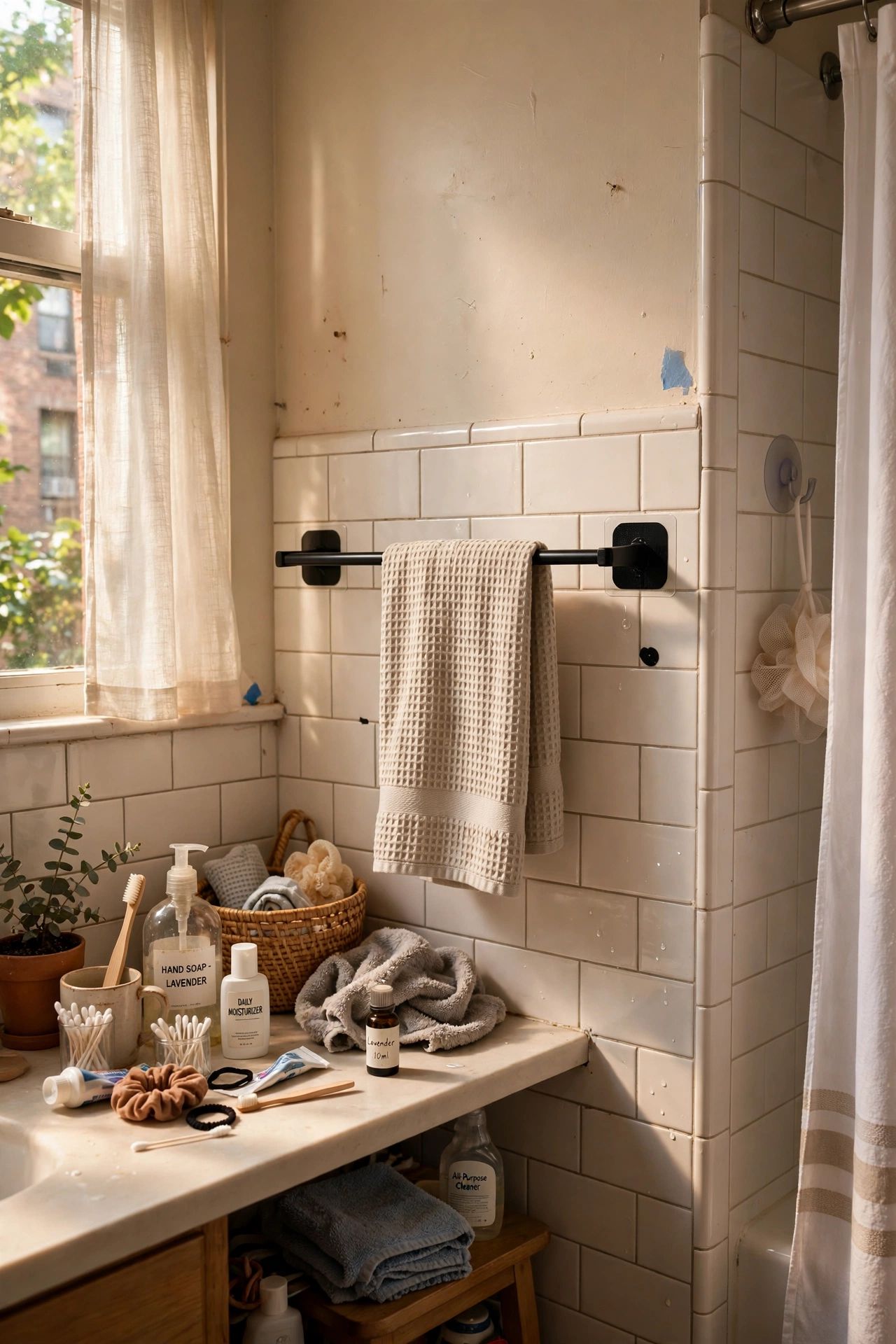Stick an Adhesive Towel Bar in the Bathroom in a rental apartment