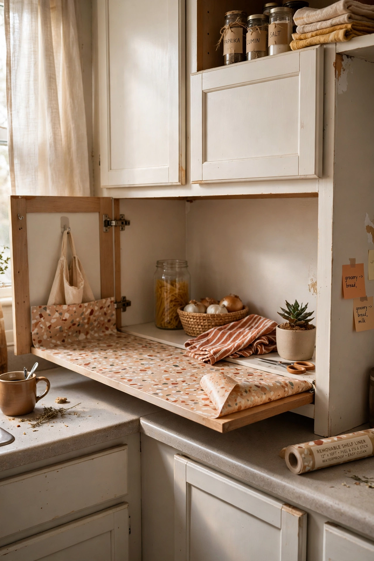 Line Cabinets With Removable Shelf Liner in a rental apartment