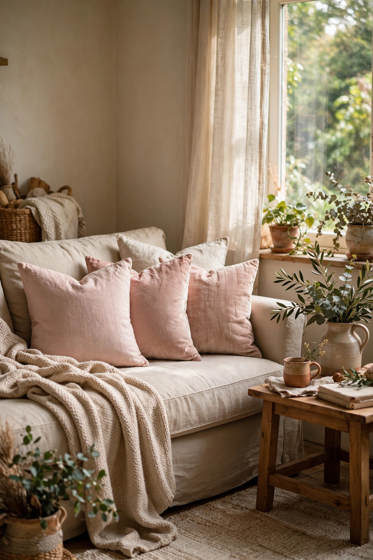 Blush pink throw pillows in mixed linen and velvet textures on a beige sofa