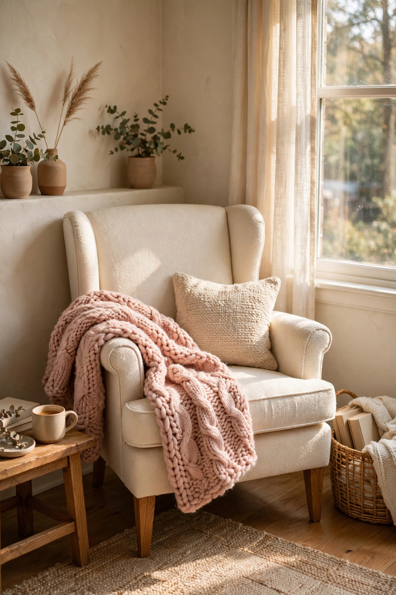 Chunky blush pink knit throw draped over a cream reading chair