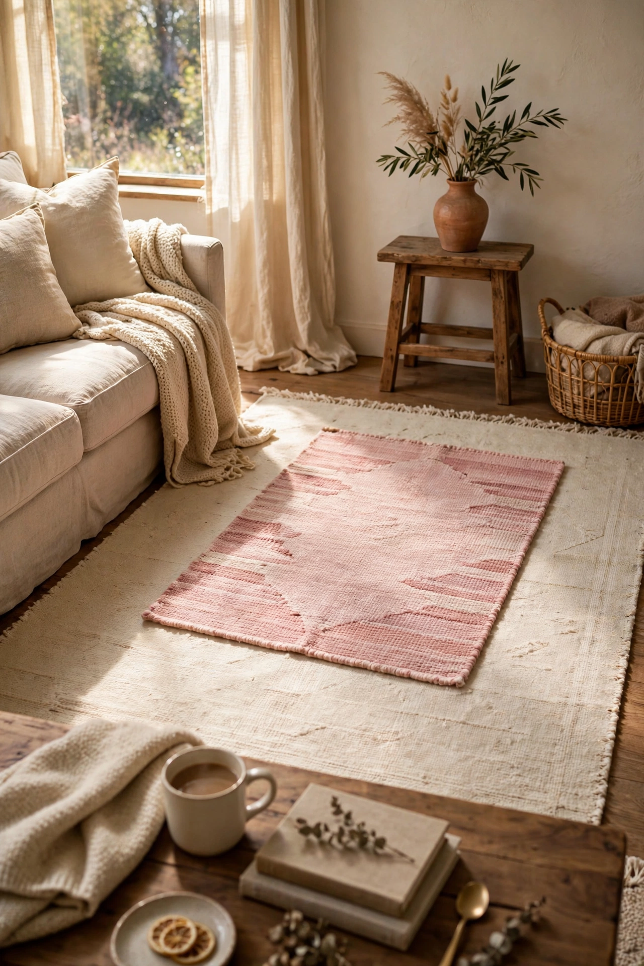 Small blush pink rug layered off-center over a larger cream rug