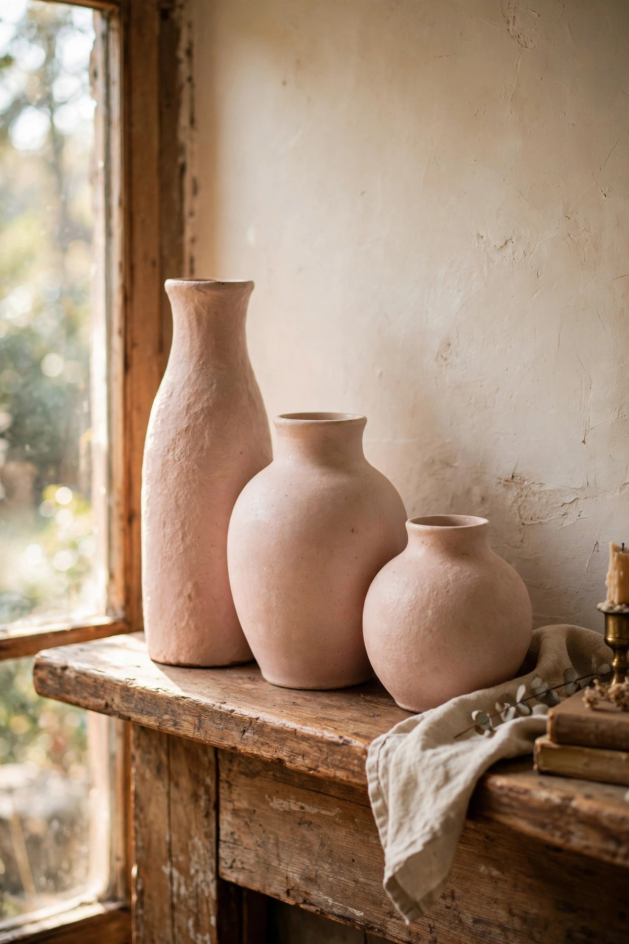 Three thrifted blush ceramic vases at varied heights on a living room mantel