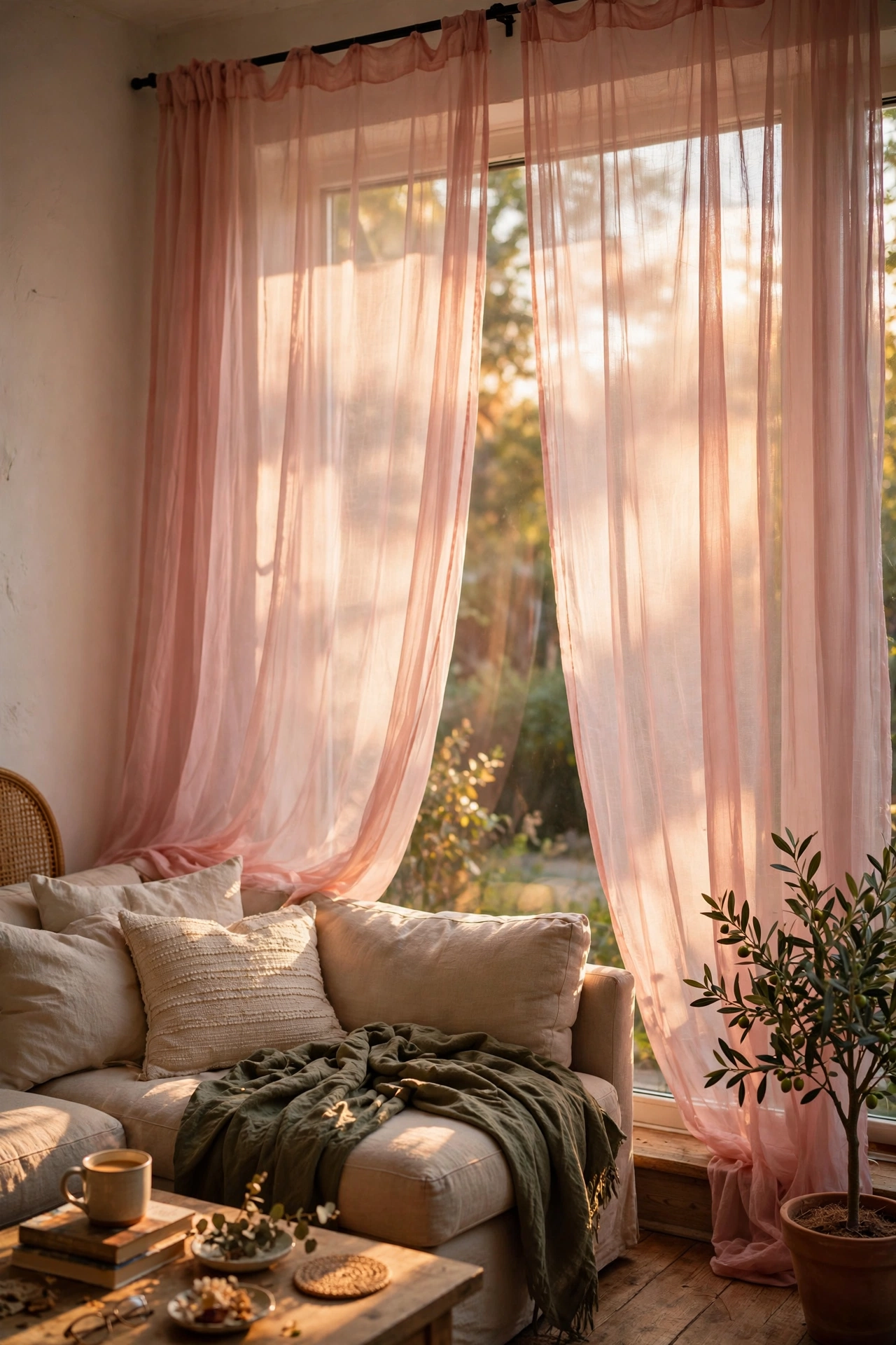 Sheer blush pink curtain panels hung high and wide filtering golden light