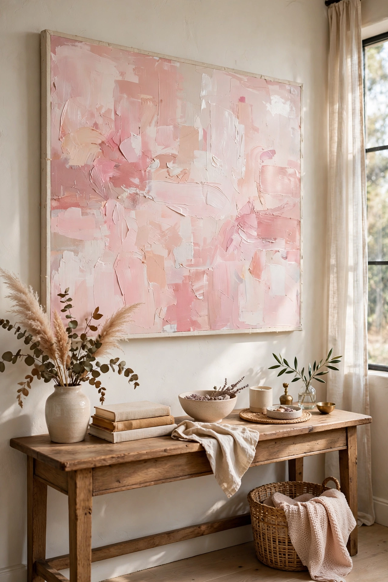 DIY blush pink abstract canvas art hanging over a living room console