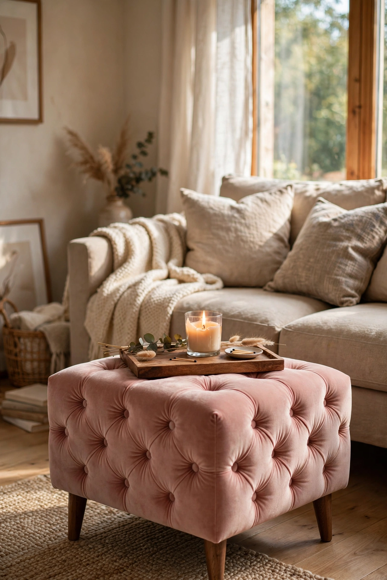 Blush pink velvet ottoman with a wooden tray in a cozy living room